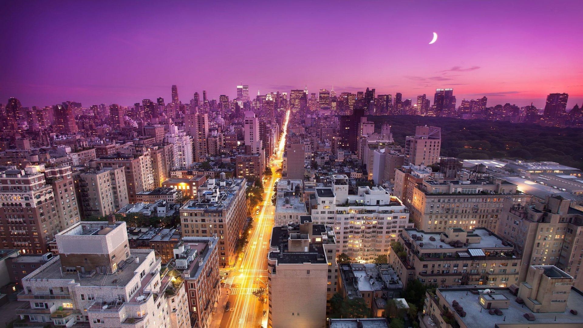 manhattan, lights, street, moon, avenue, 1080P, nyc, nature and landscapes, HD Wallpaper