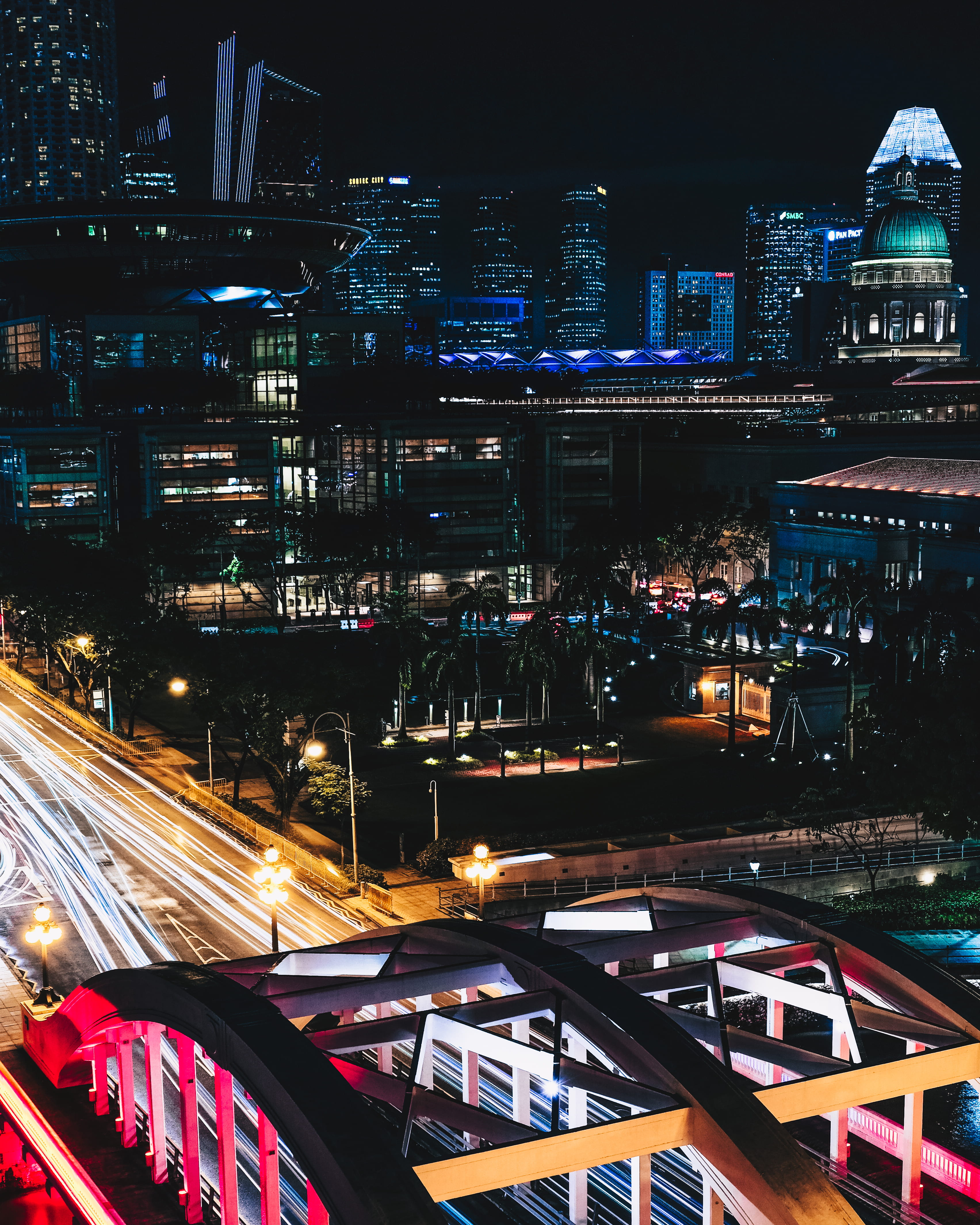 high angle view, city night, bridge, 4K, mode of transportation, light, skyscraper, built structure, photo, city, long exposure, photography, motor vehicle, Phone HD Wallpaper