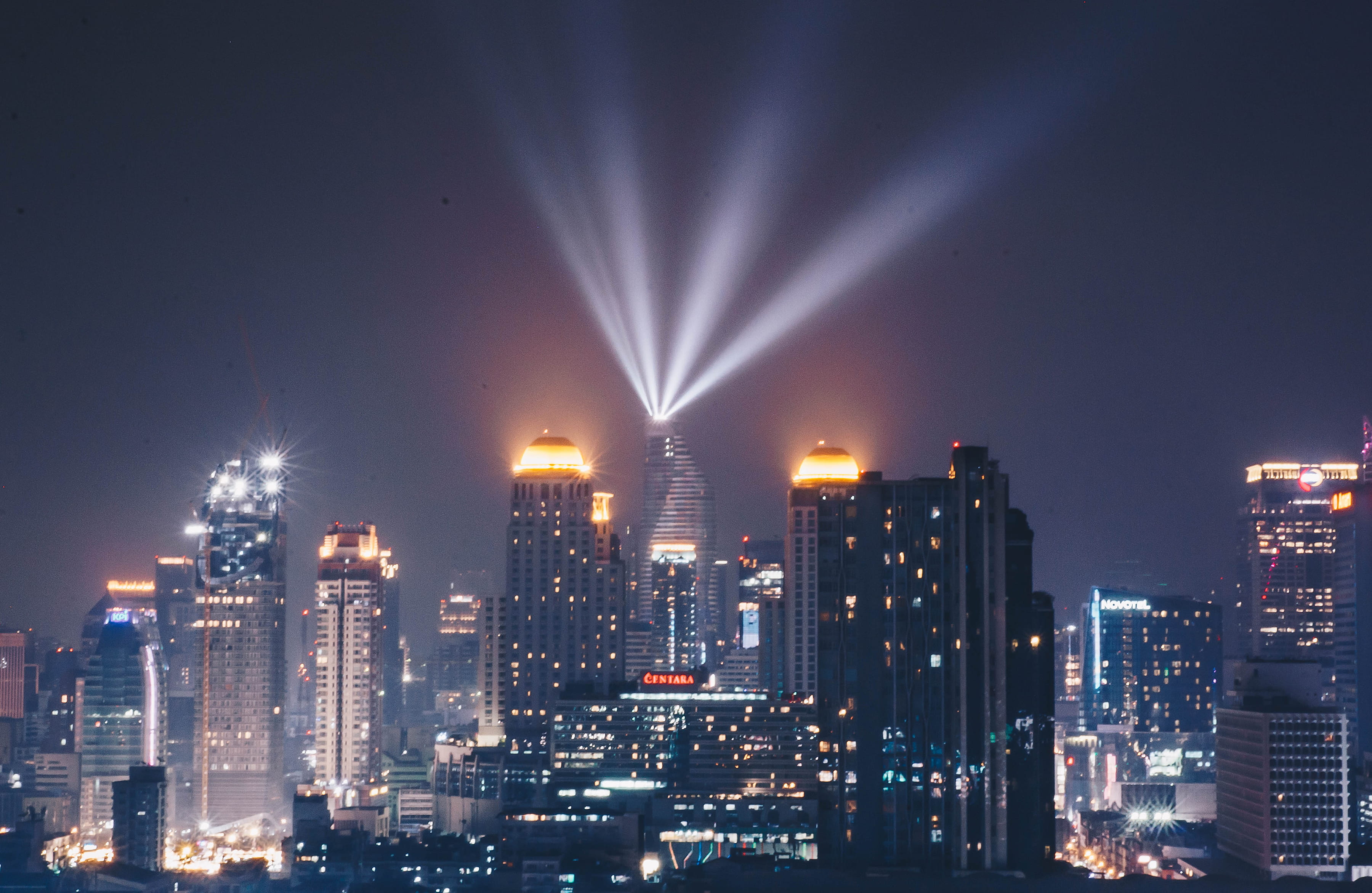 city night, office building exterior, no people, built structure, city life, sky, landscape, downtown district, thailand, tower, urban skyline, life is moving forward, HD Wallpaper