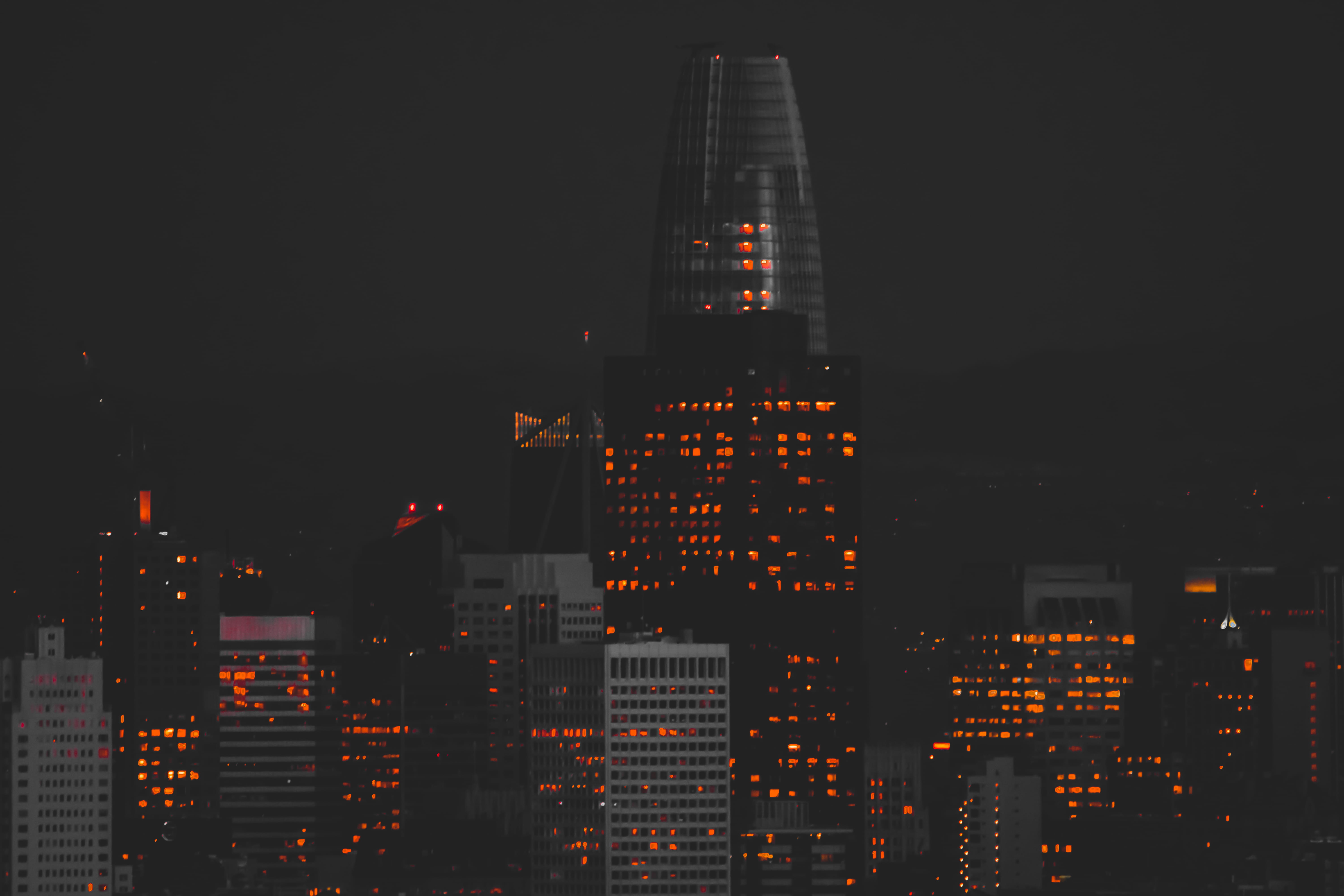 black and white, skyscraper, night, united states, building, illuminated, city, city scape, travel destinations, san fran, spire, cityscape, sunset, architecture, HD Wallpaper