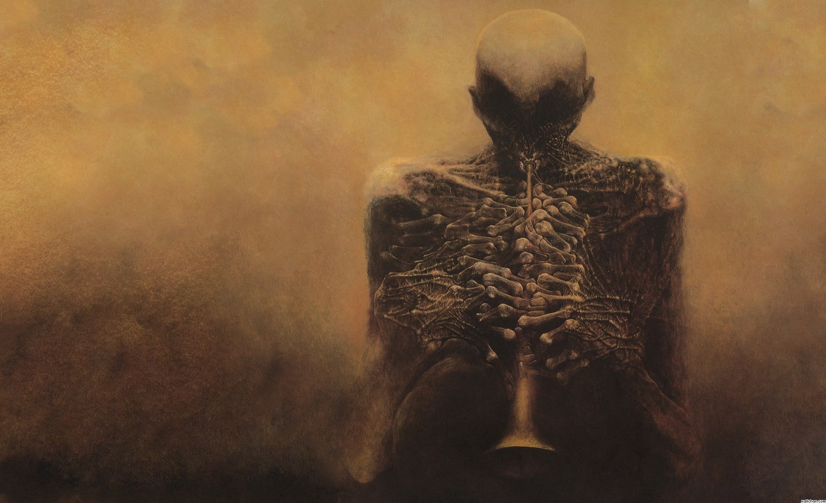 skull, bones, 720P, fantasy art, creepy, artwork, scarry, skeleton, Polish, Zdzisław Beksiński, HD Wallpaper