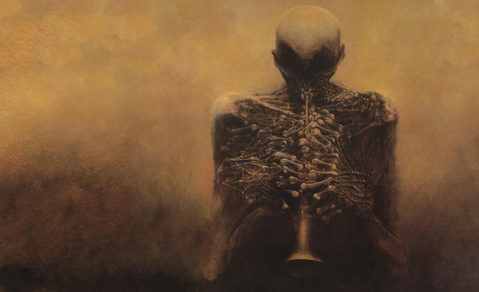 bones, 720P, creepy, scarry, skull, skeleton, Zdzisław Beksiński, HD Wallpaper