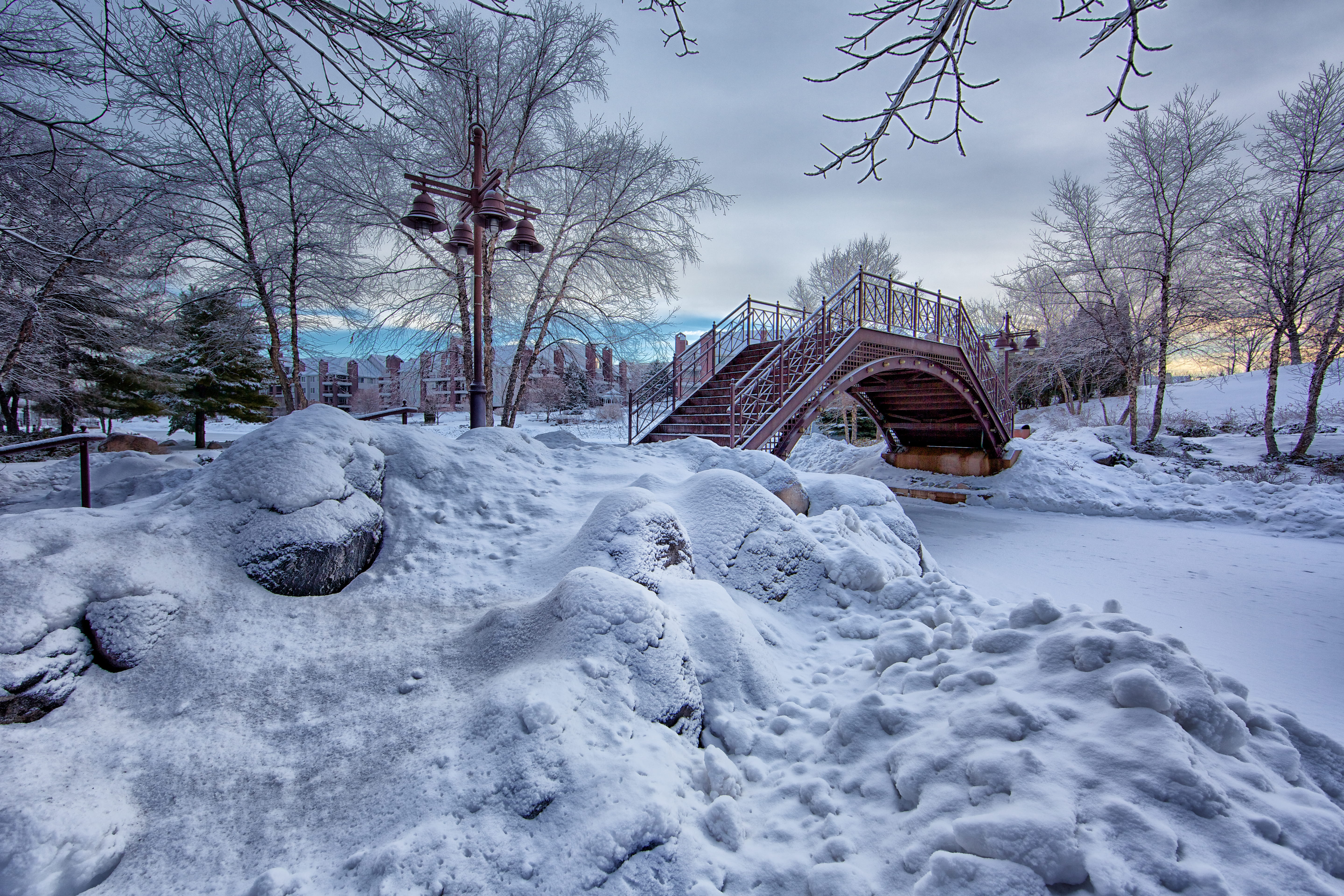 branch, landscape, trees, snowstorm, weather, cold, icy, plant, frosty, environment, nature, lampposts, scenics - nature, winter, architecture, wood, bridge, HD Wallpaper
