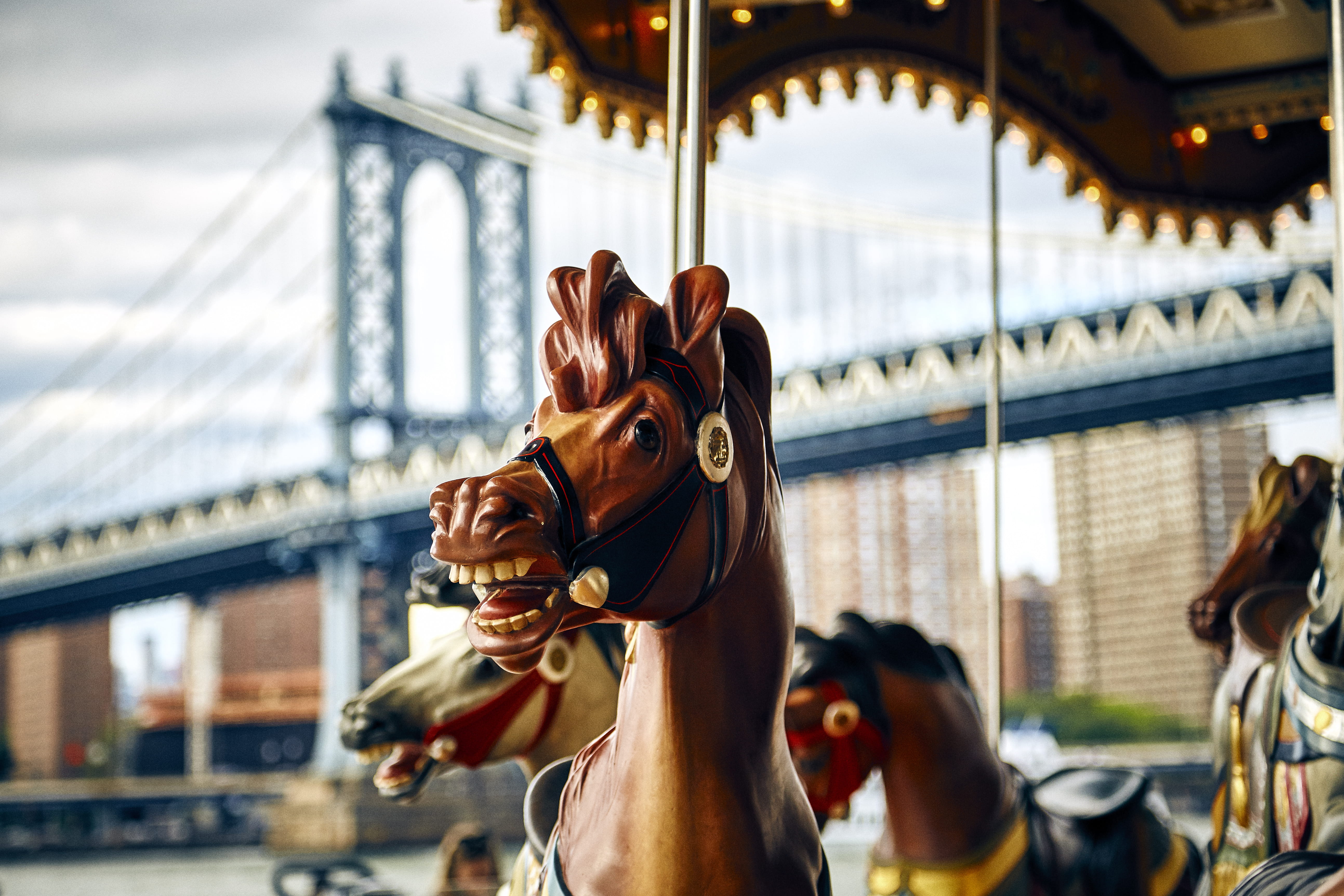 manhattan bridge, nyc, built structure, carousel horses, focus on foreground, united states, usa, america, outdoors, brooklyn, animal representation, art and craft, HD Wallpaper