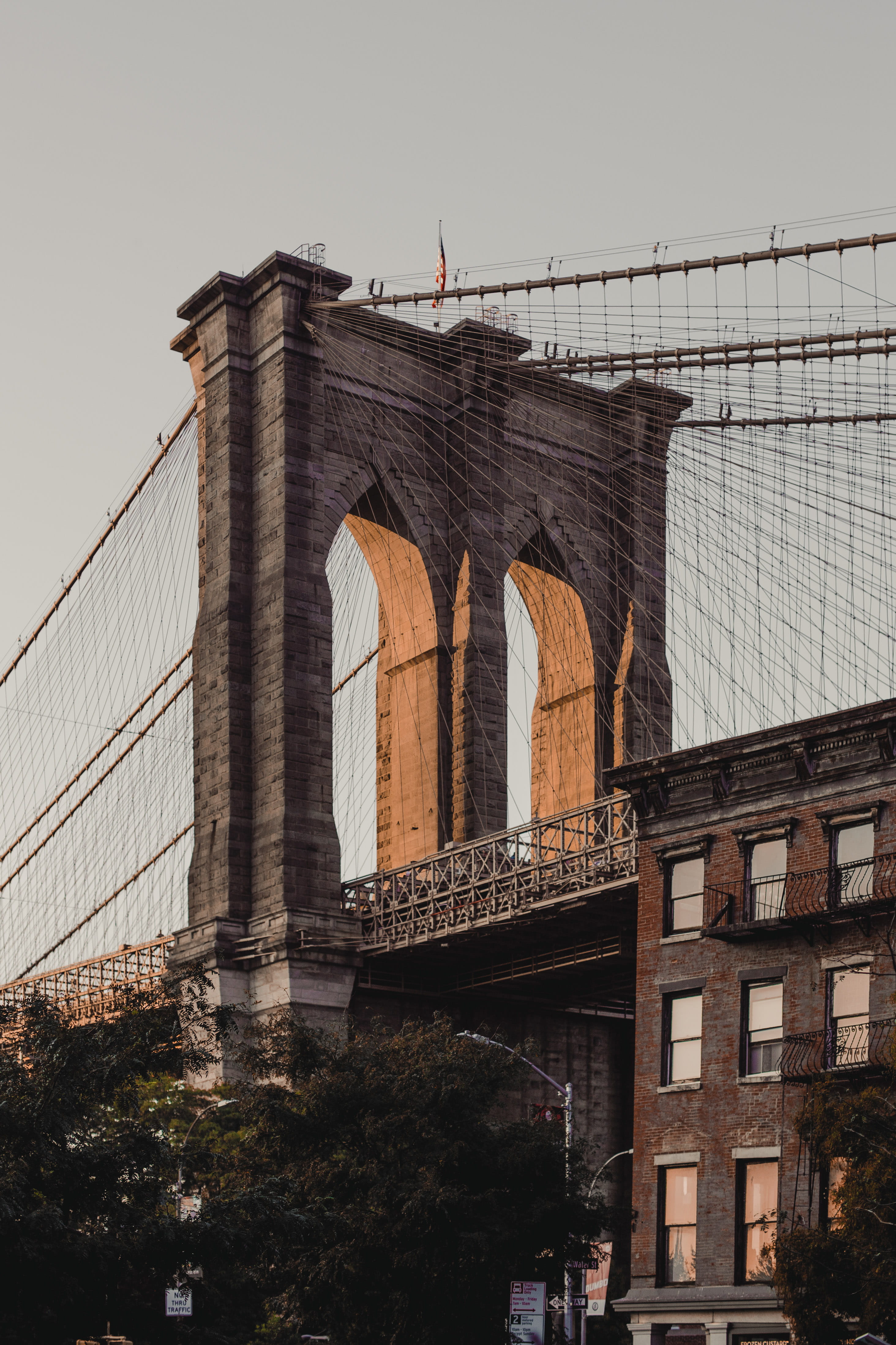 4K, day, travel, tourism, building, outdoors, tree, bridge, brooklyn heights promenade, history, architecture, low angle view, sky, built structure, connection, Phone HD Wallpaper