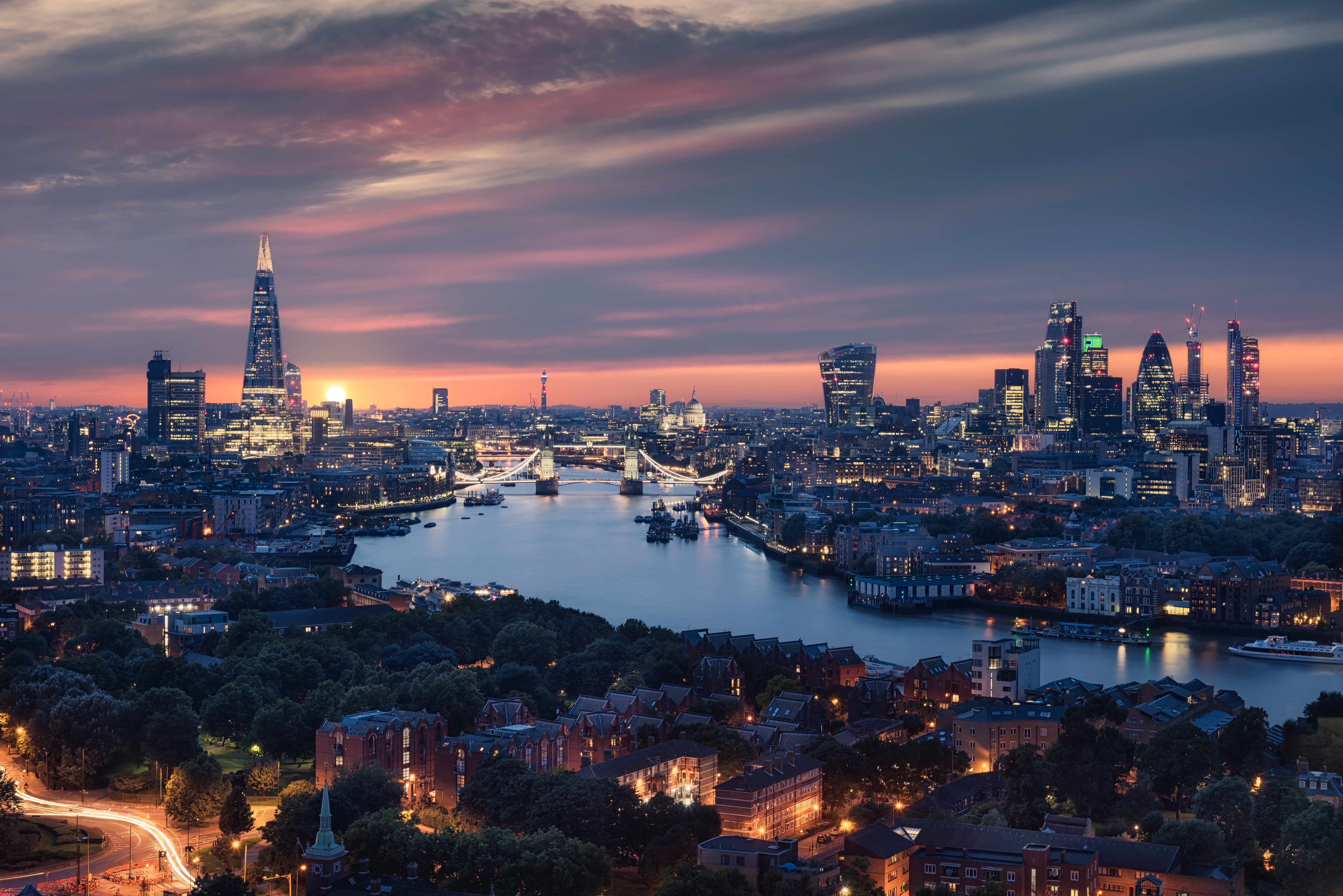 london, world, building, 5K, hd, water, night, building exterior, transportation, nature, skyscraper, sky, city, illuminated, industry, architecture, cityscape, HD Wallpaper
