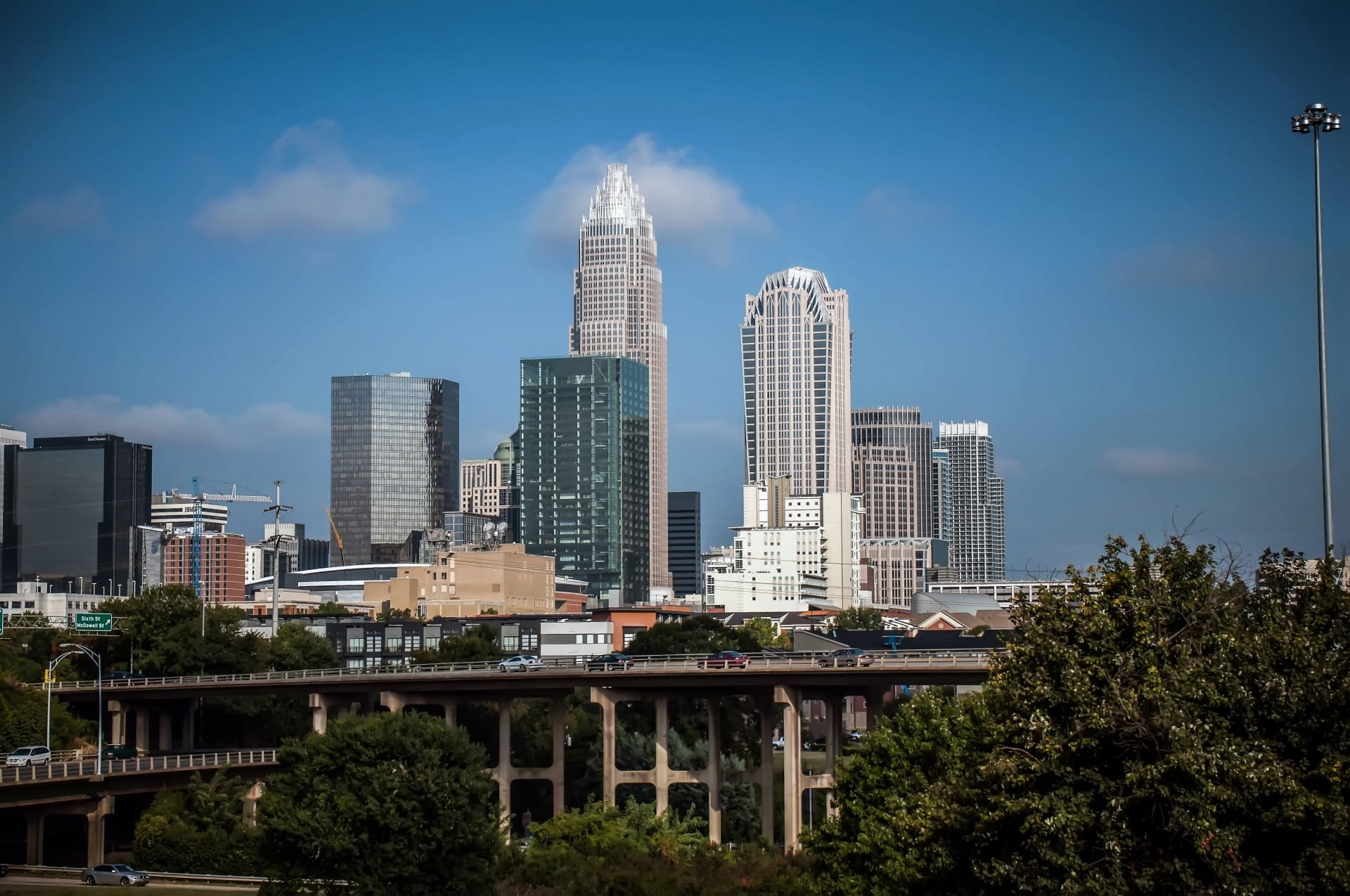 buildings, interstate, urban skyline, modern, built structure, sky, American, high, highway, downtown, bridge, cityscape, nature, spire, building, tower, HD Wallpaper