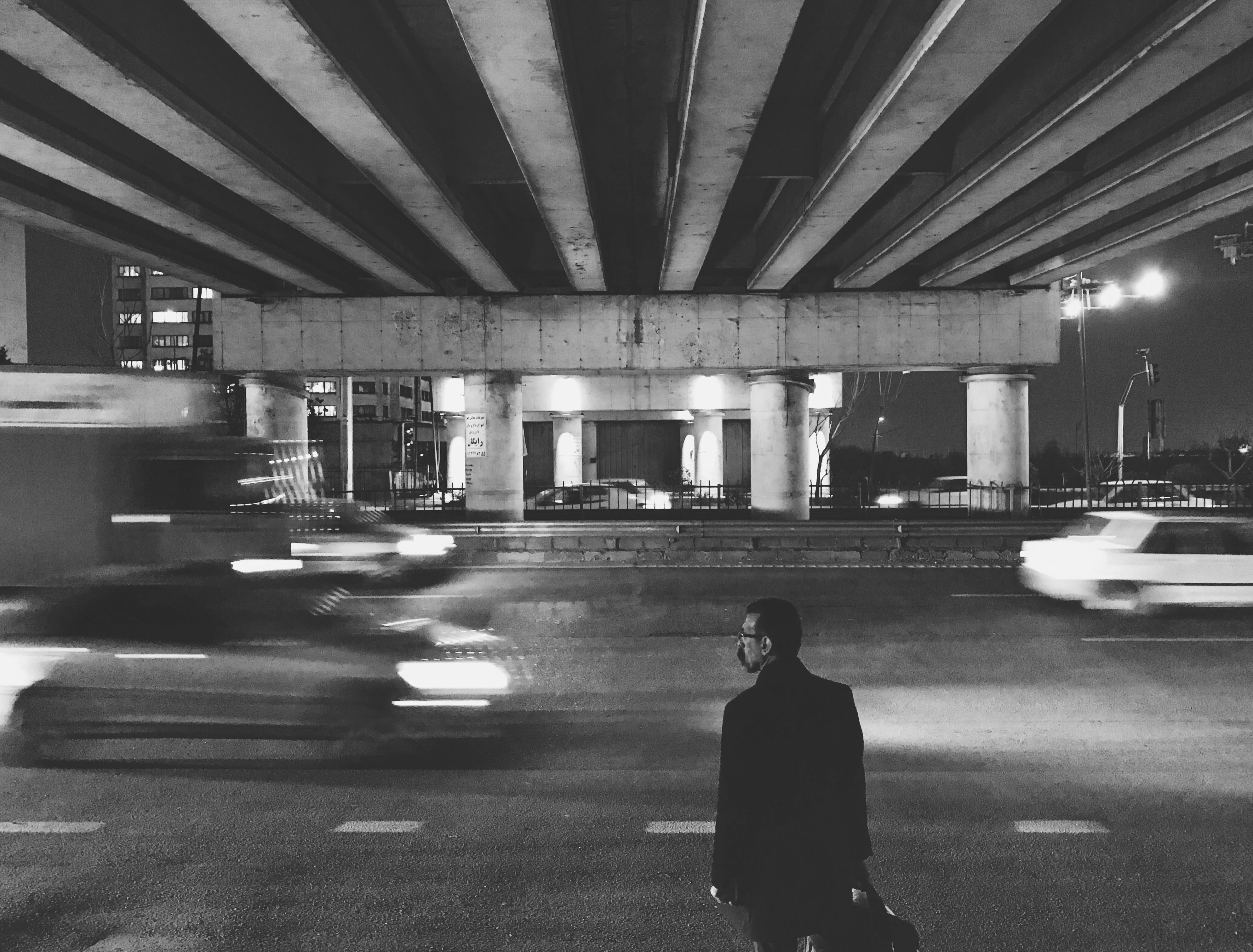 transportation, bridge, standing, hemmat expressway, connection, real people, urban, one person, urbanphotography, city, car, lifestyles, black and white, HD Wallpaper
