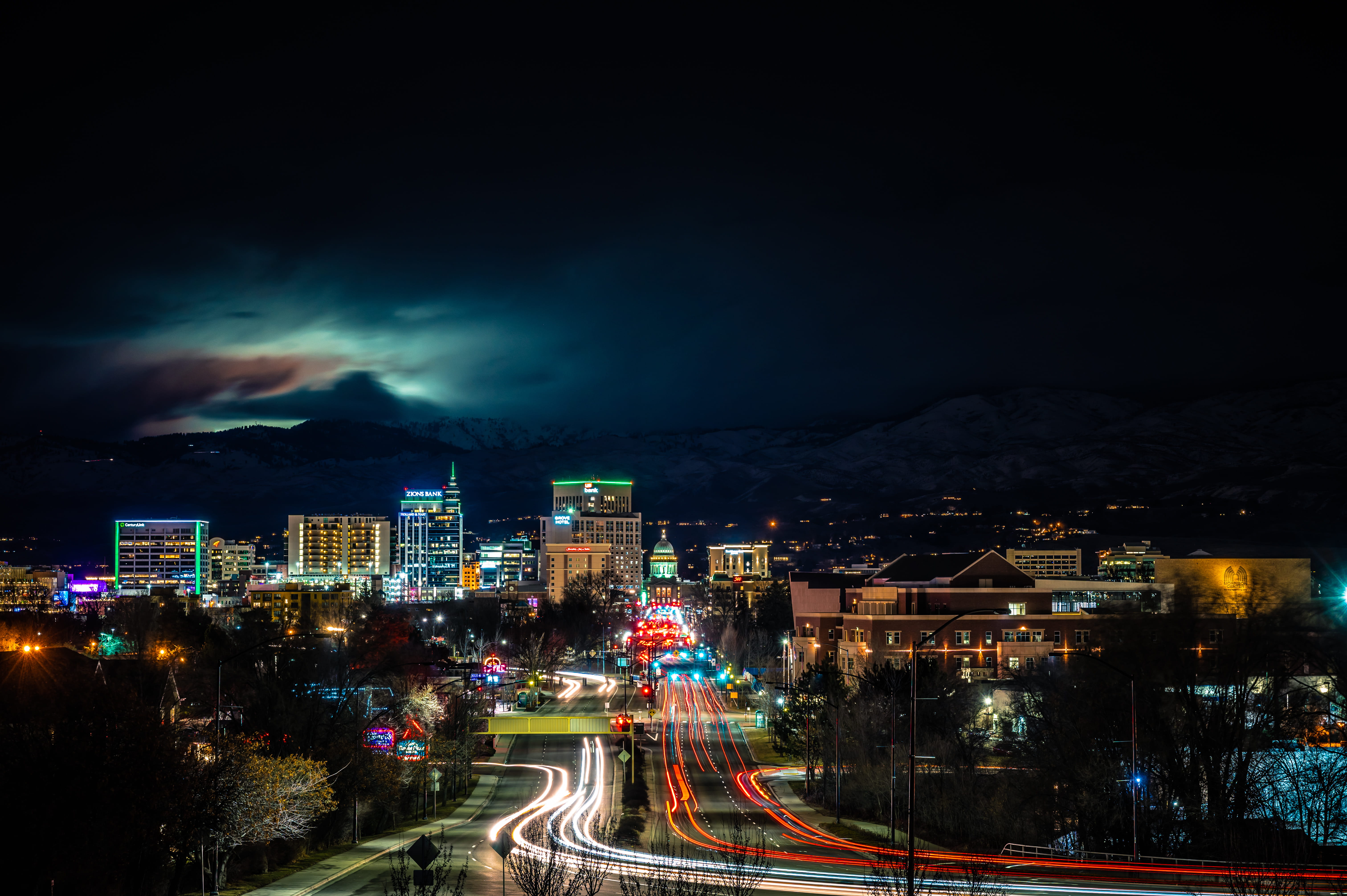 light trail, high, blurred motion, time-lapse, no people, city, architecture, evening, street, nighttime, cityscape, time-lapse photography, built structure, HD Wallpaper