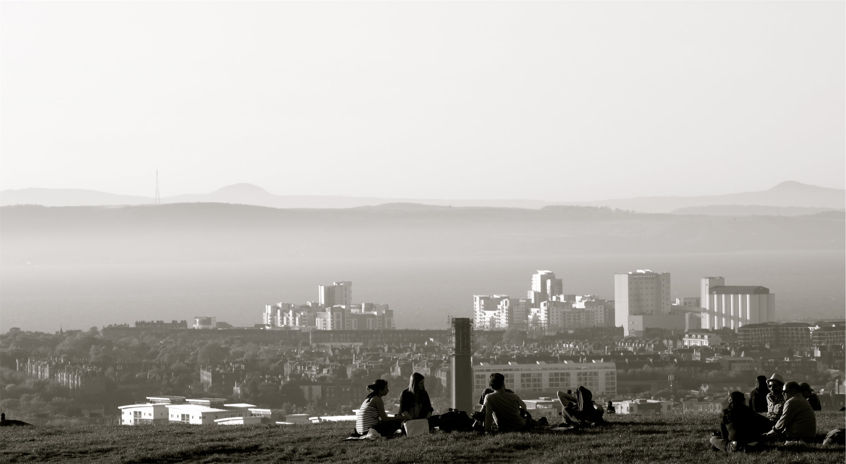 friends, view, group, built structure, landscape, people, building exterior, building, pollution, air pollution, nature, grayscale, office building exterior, HD Wallpaper
