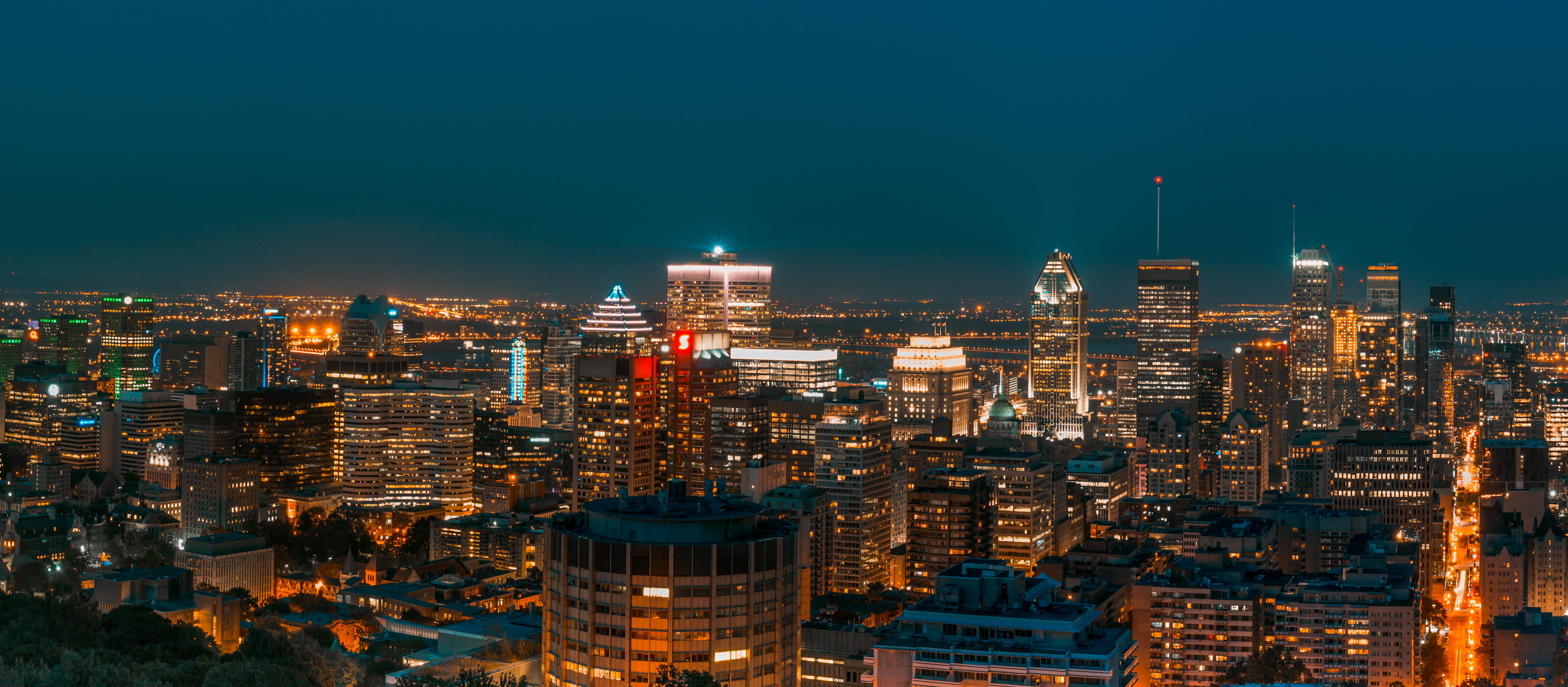 cyan, montréal, architecture, building, urban, building exterior, canada, landscape, illuminated, nightlife, 5K, longexposure, cityscape, dusk, travel destinations, HD Wallpaper