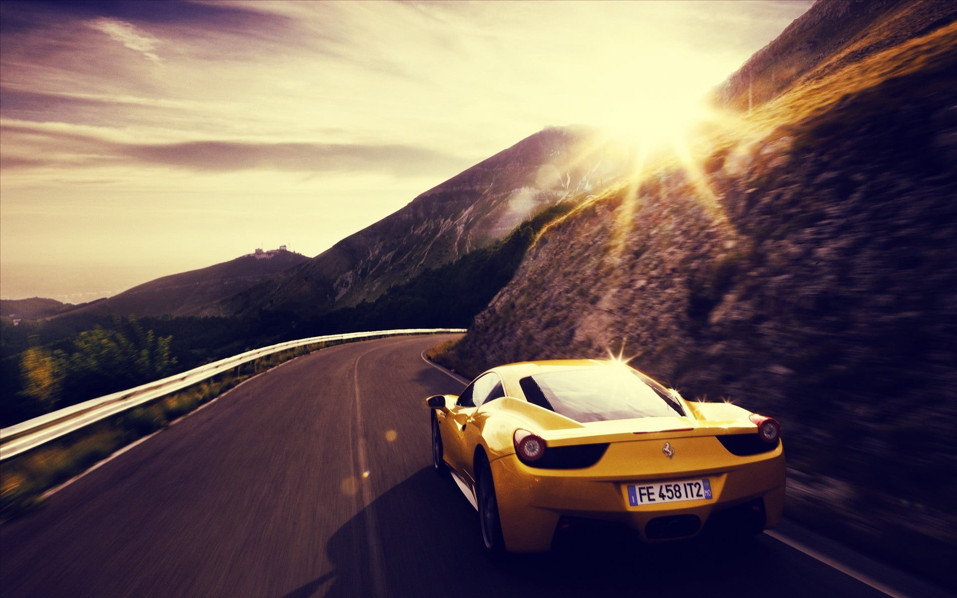 motor vehicle, no people, outdoors, cloud - sky, yellow, sunlight, transportation, Ferrari, car, motion, mode of transportation, 1080P, road trip, travel, HD Wallpaper