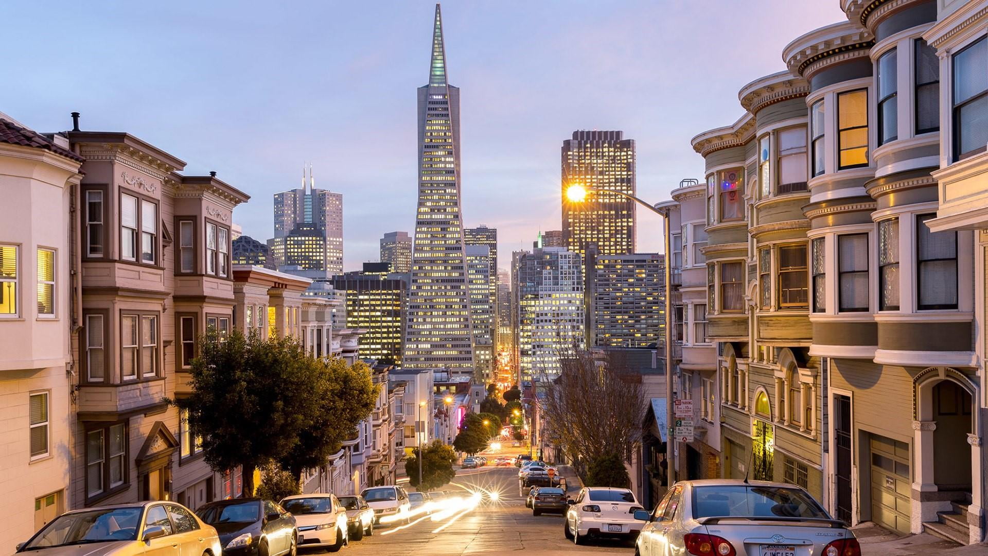 land vehicle, city street, usa, transamerica pyramid, tower, 1080P, sky, california, san francisco, motor vehicle, no people, road, street, built structure, HD Wallpaper