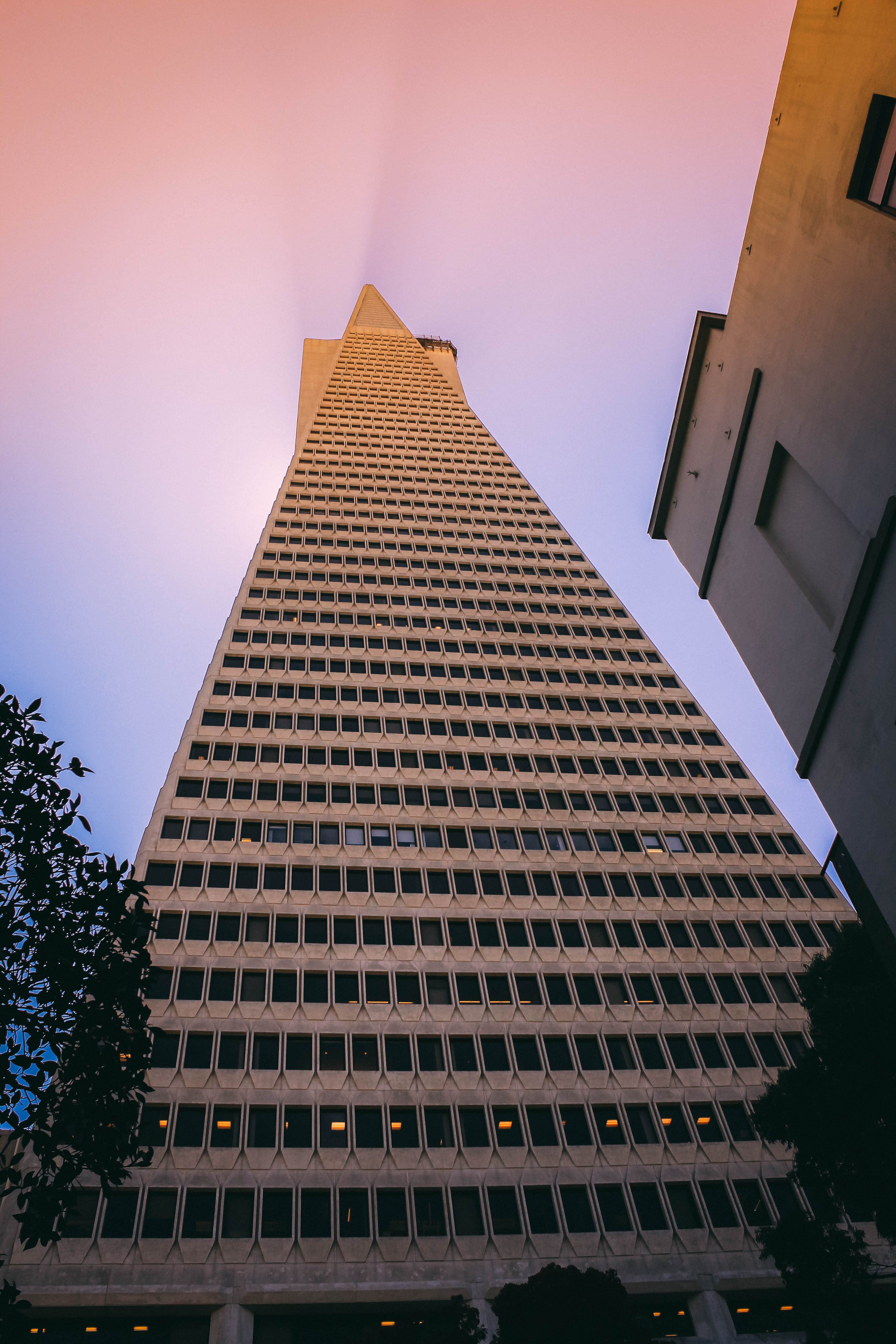 building, frame, windows, day, travel destinations, vibrant, transamerica pyramid, office building exterior, united states, sunset, city, colors, building exterior, Phone HD Wallpaper