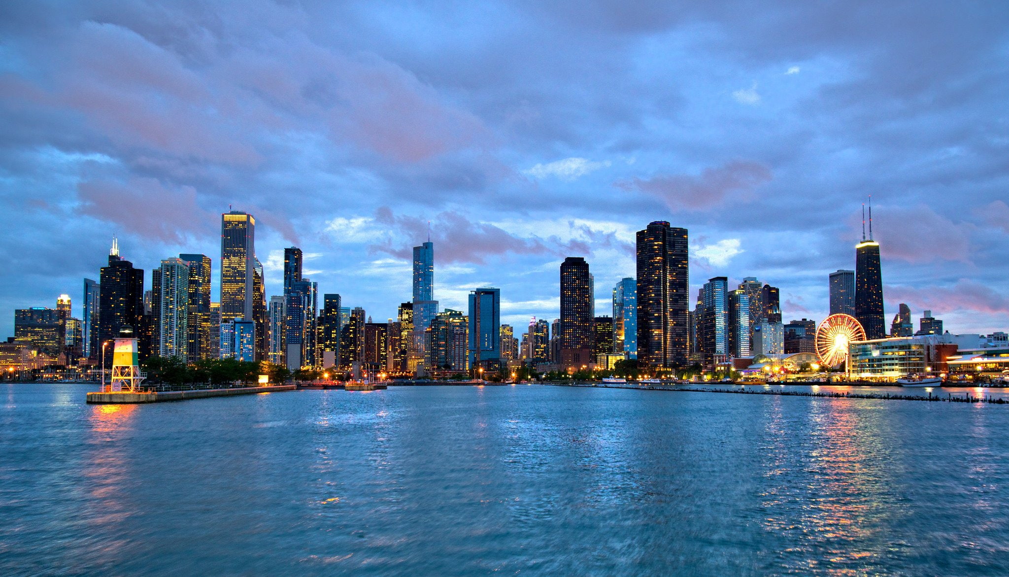 night, architecture, trump, skyline, comta, cities, city, illinois, 1080P, bridges, tower, francisco, usa, chicago, mid ouest, HD Wallpaper