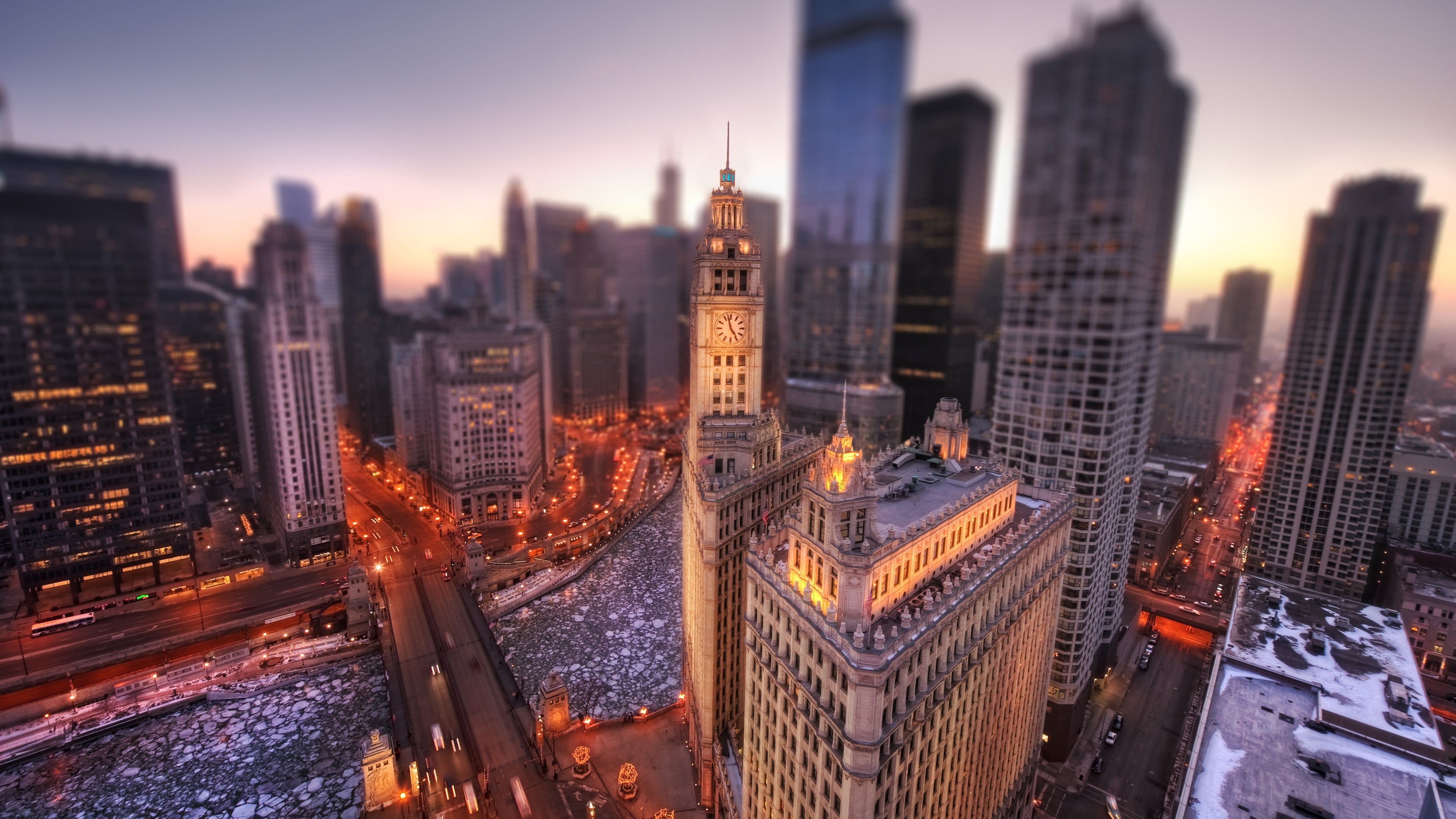 city, sunset, architecture, chicago, landscape, wrigley building, metropolis, tower, tower block, no people, outdoors, city life, tall - high, dusk, cityscape, HD Wallpaper