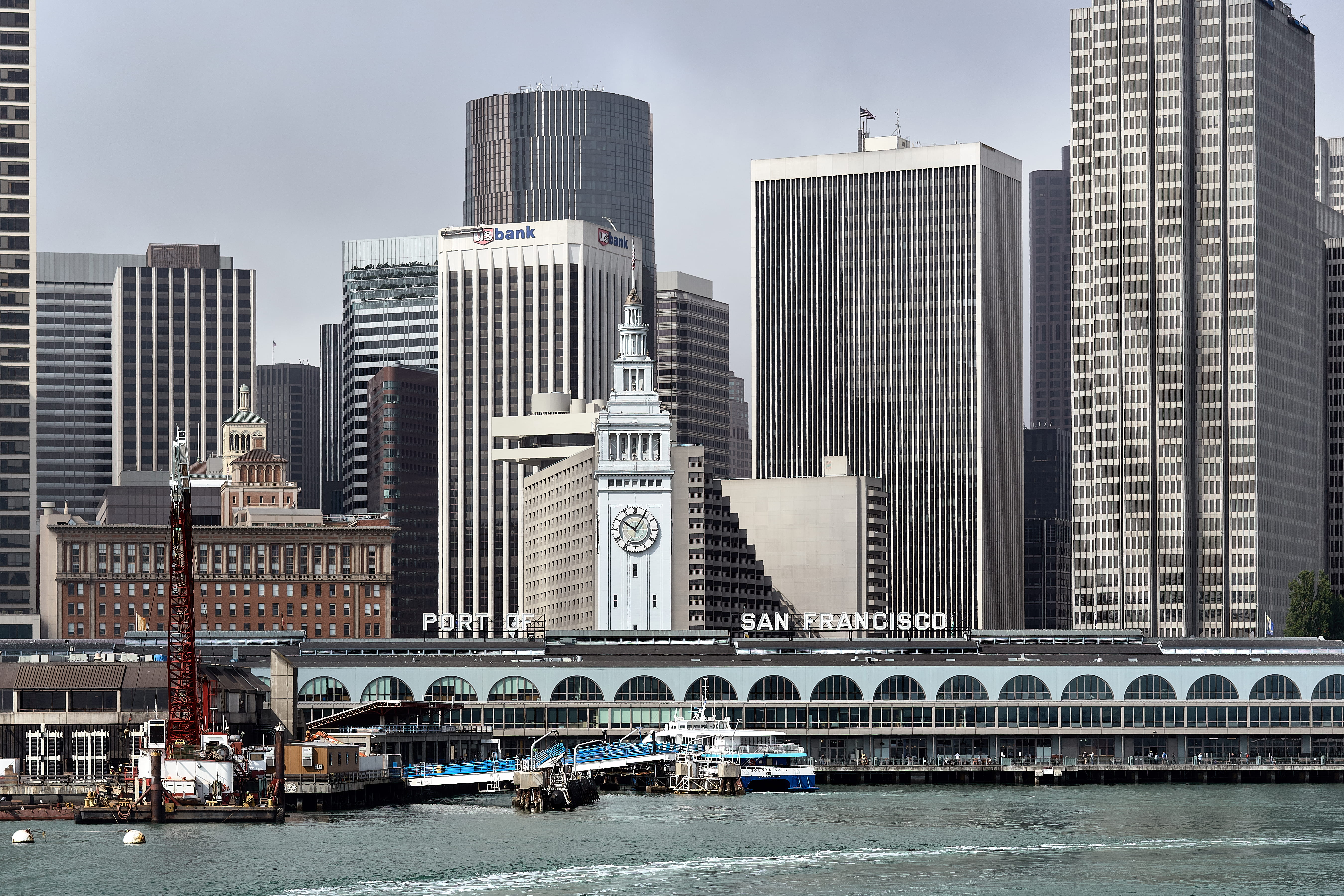 waterfront, city, office, outdoors, built structure, nautical vessel, skyscraper, 5K, transportation, cityscape, ferry building, bridge, modern, tall - high, HD Wallpaper