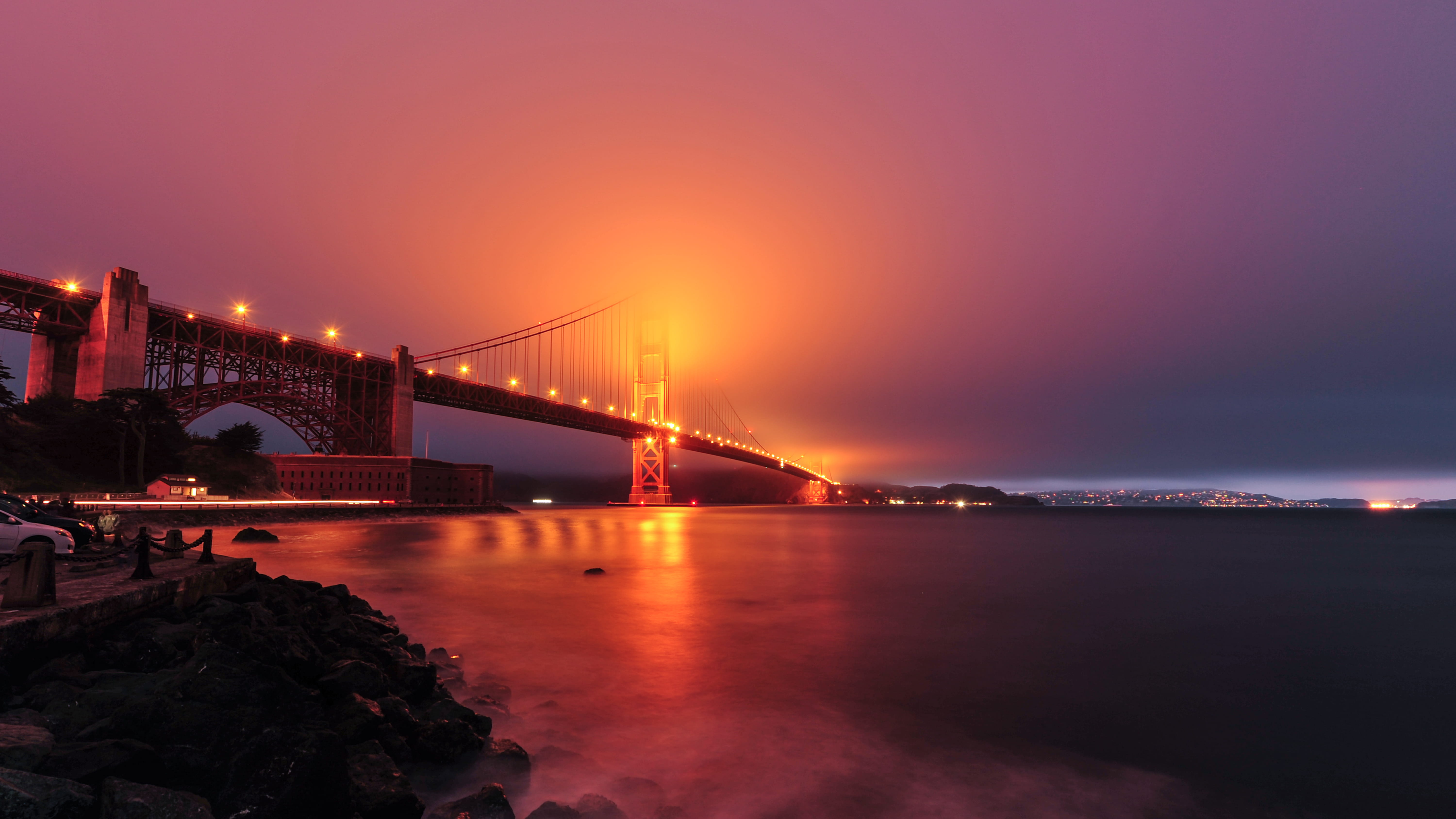 gate, automobile, water, night, building, reflection, connection, dusk, nature, travel destinations, sea, city, san francisco, usa, port, no people, long exposure, HD Wallpaper