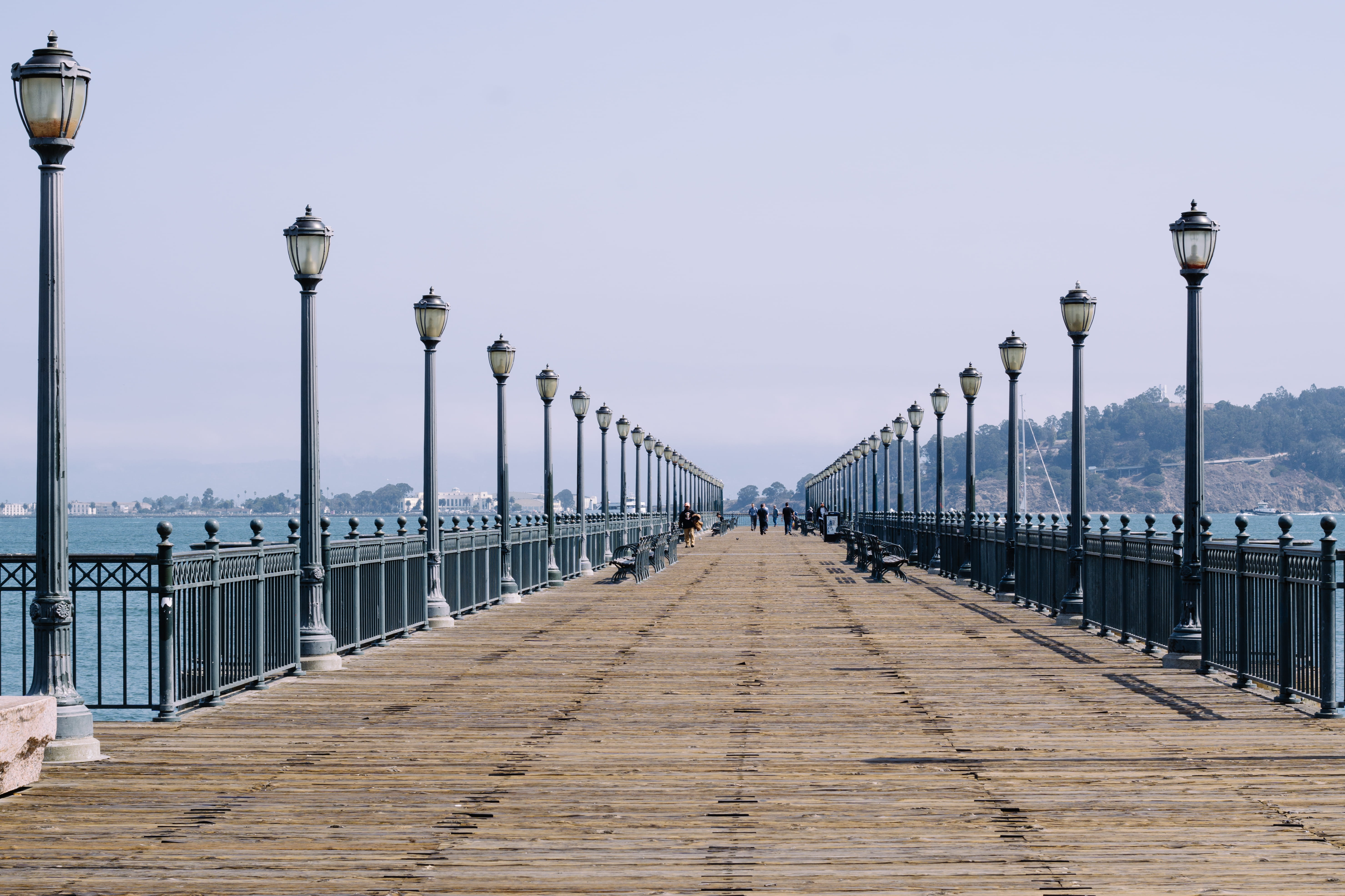architecture, long, lampposts, lamp post, day, built structure, outdoors, vanishing point, san francisco, 5K, sky, lamp posts, the way forward, boardwalk, HD Wallpaper