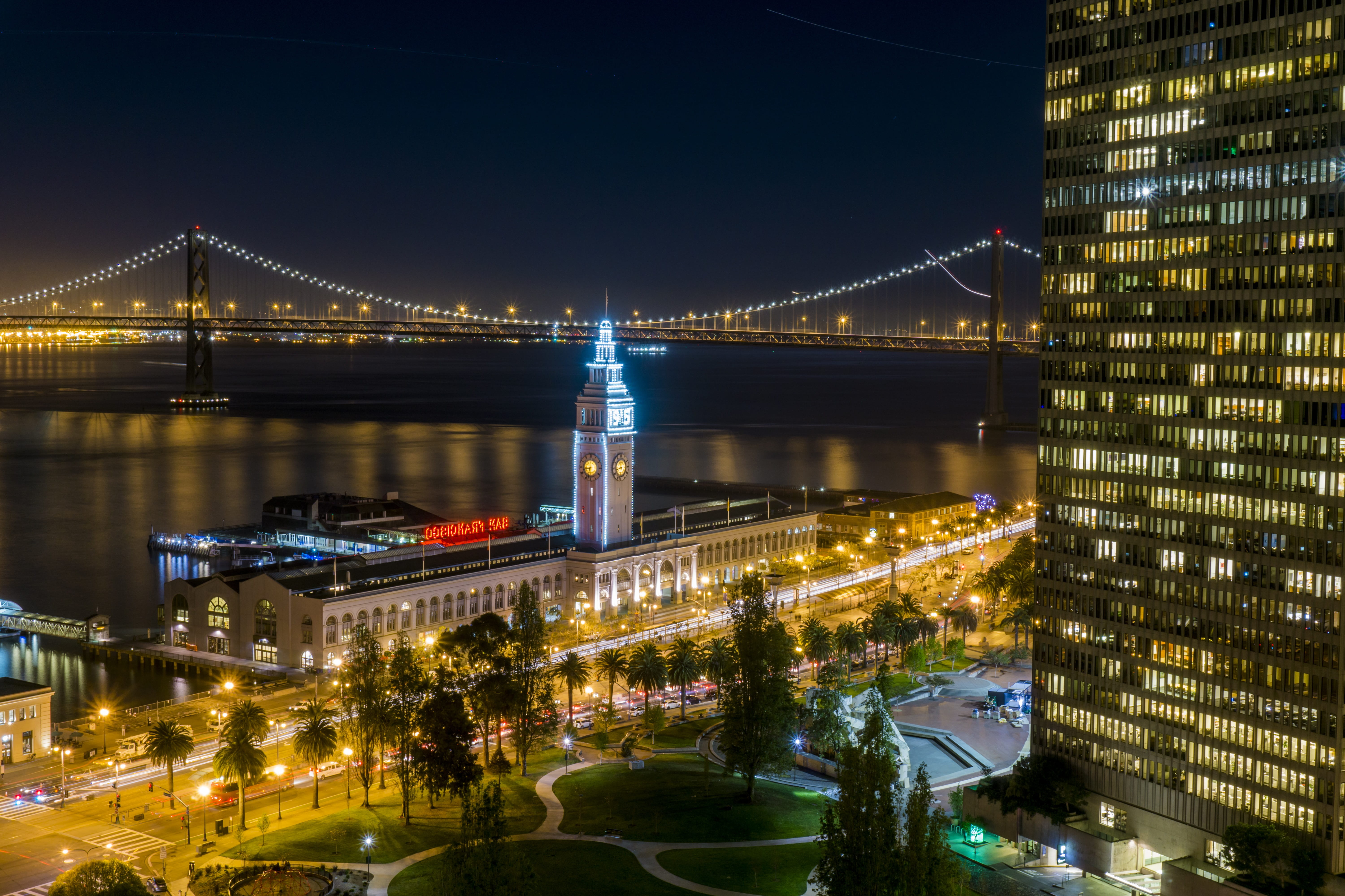 transportation, night photography, no people, bridge, illuminated, tourism, architecture, suspension bridge, san francisco, office building exterior, building exterior, HD Wallpaper