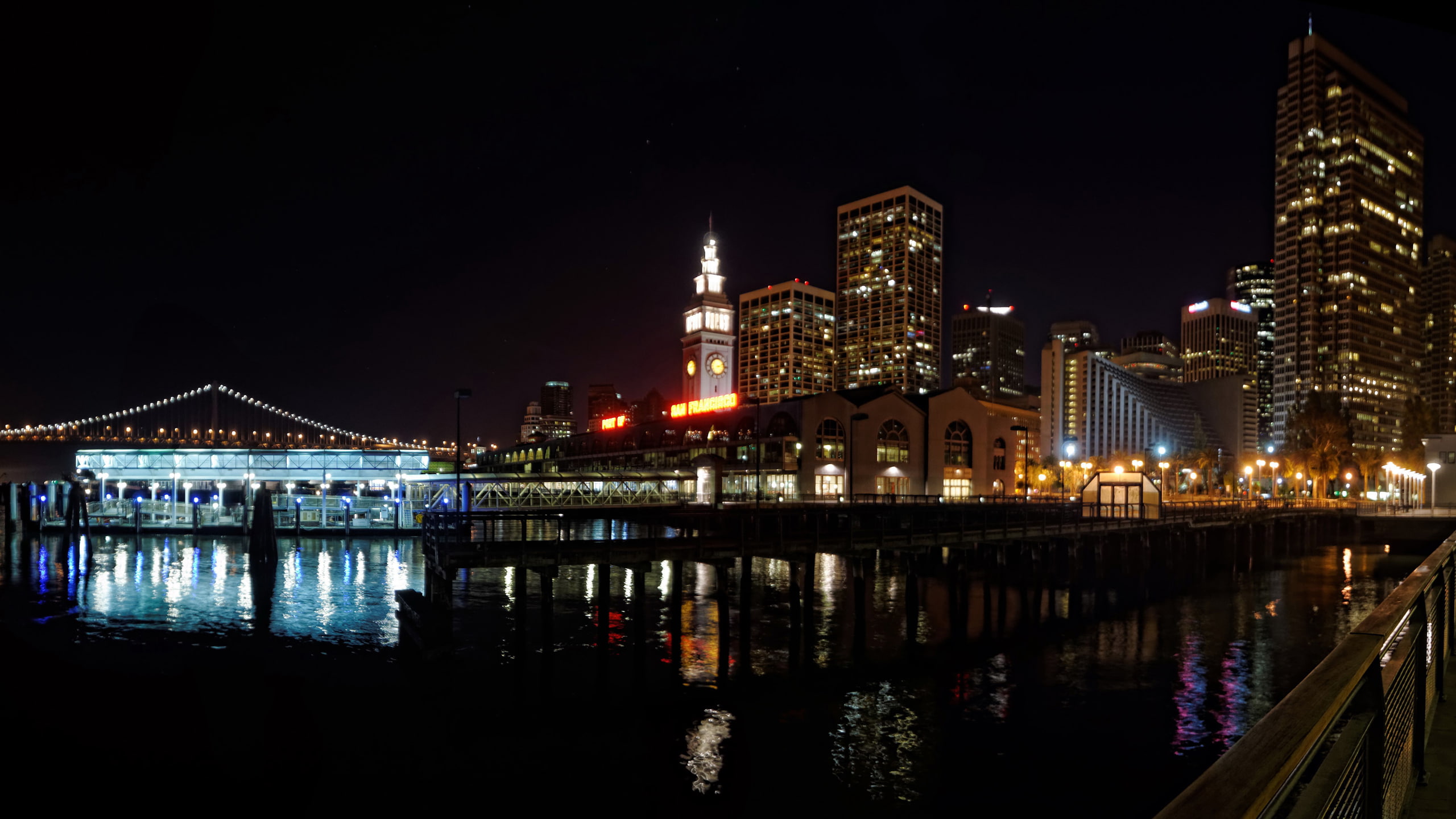 ferry, downtown, night, building, san, francisco, 2K, HD Wallpaper