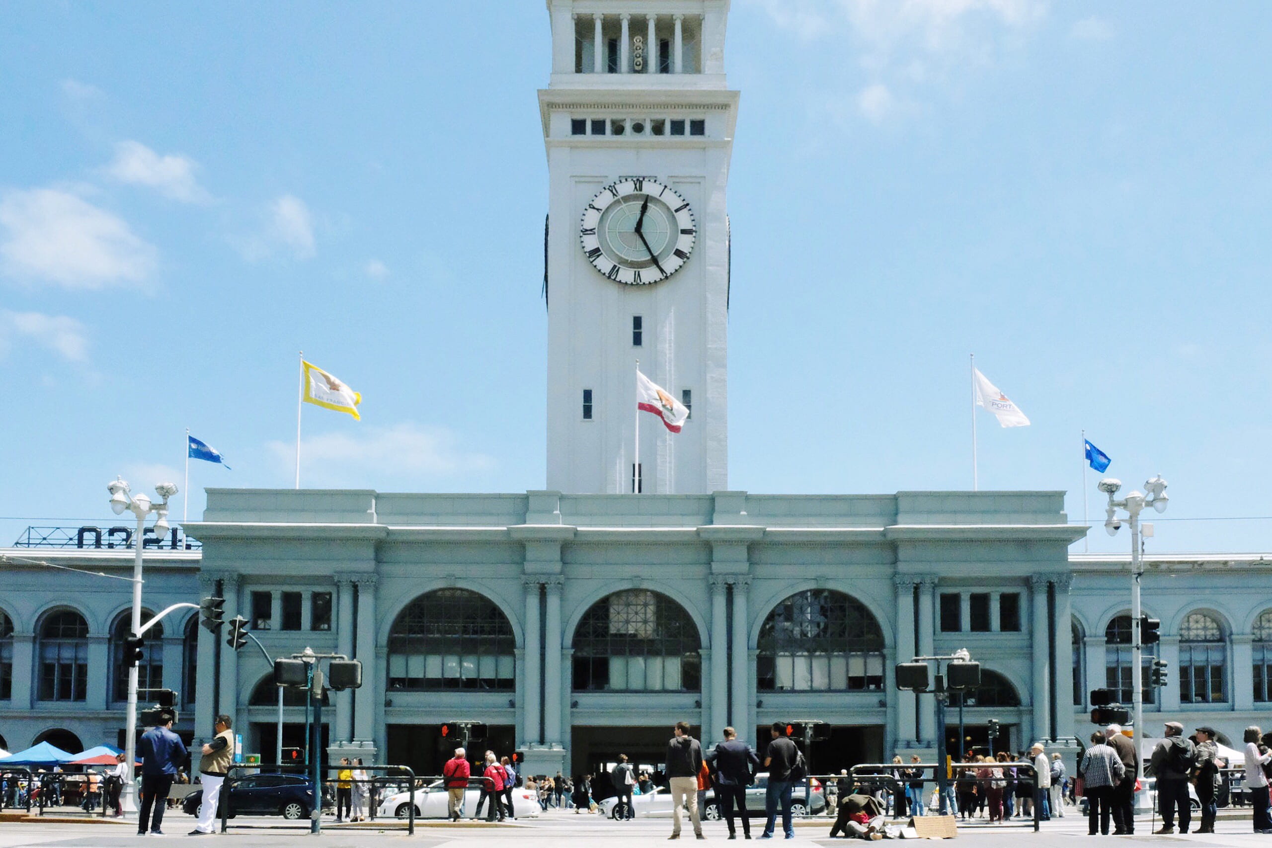 flag, san francisco, architecture, outdoors, ferry building, group of people, clock, women, travel, nature, building exterior, travel destinations, city, HD Wallpaper