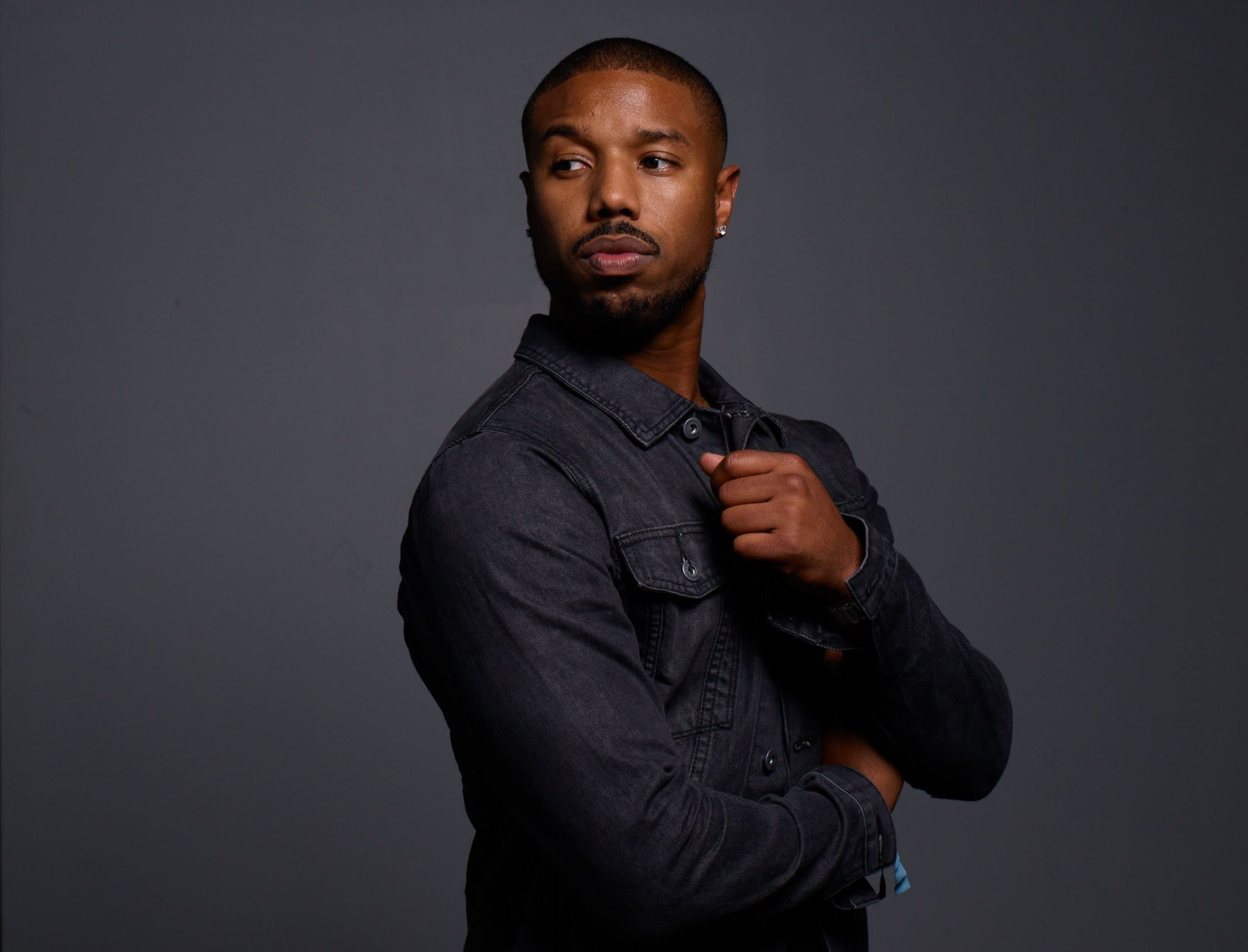 male, Michael B. Jordan, 1080P, blue shirt, actor, background, HD Wallpaper