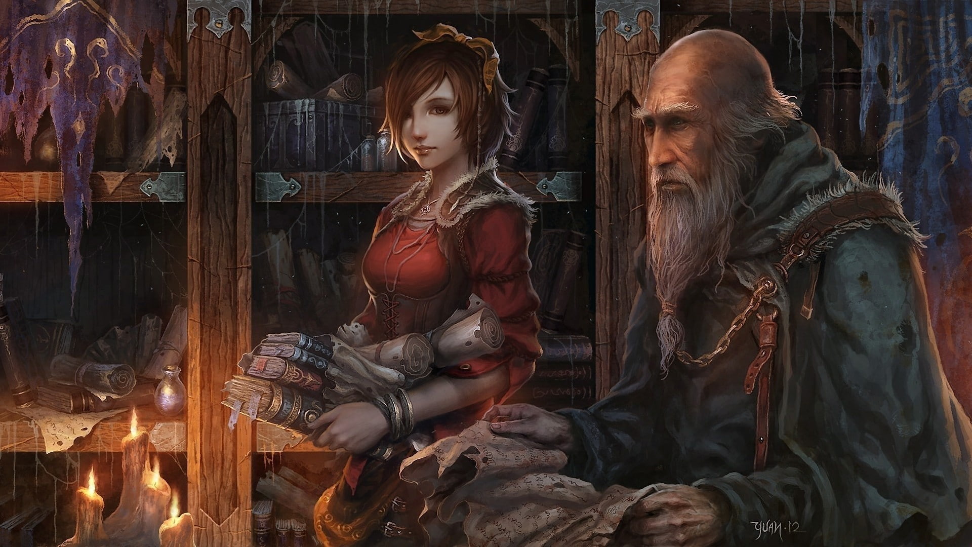 iii, punk, diablo, steam, art, scrolls, 1080P, soft, candles, cain, shading, artwork, deckard, realistic, books, fantasy, HD Wallpaper