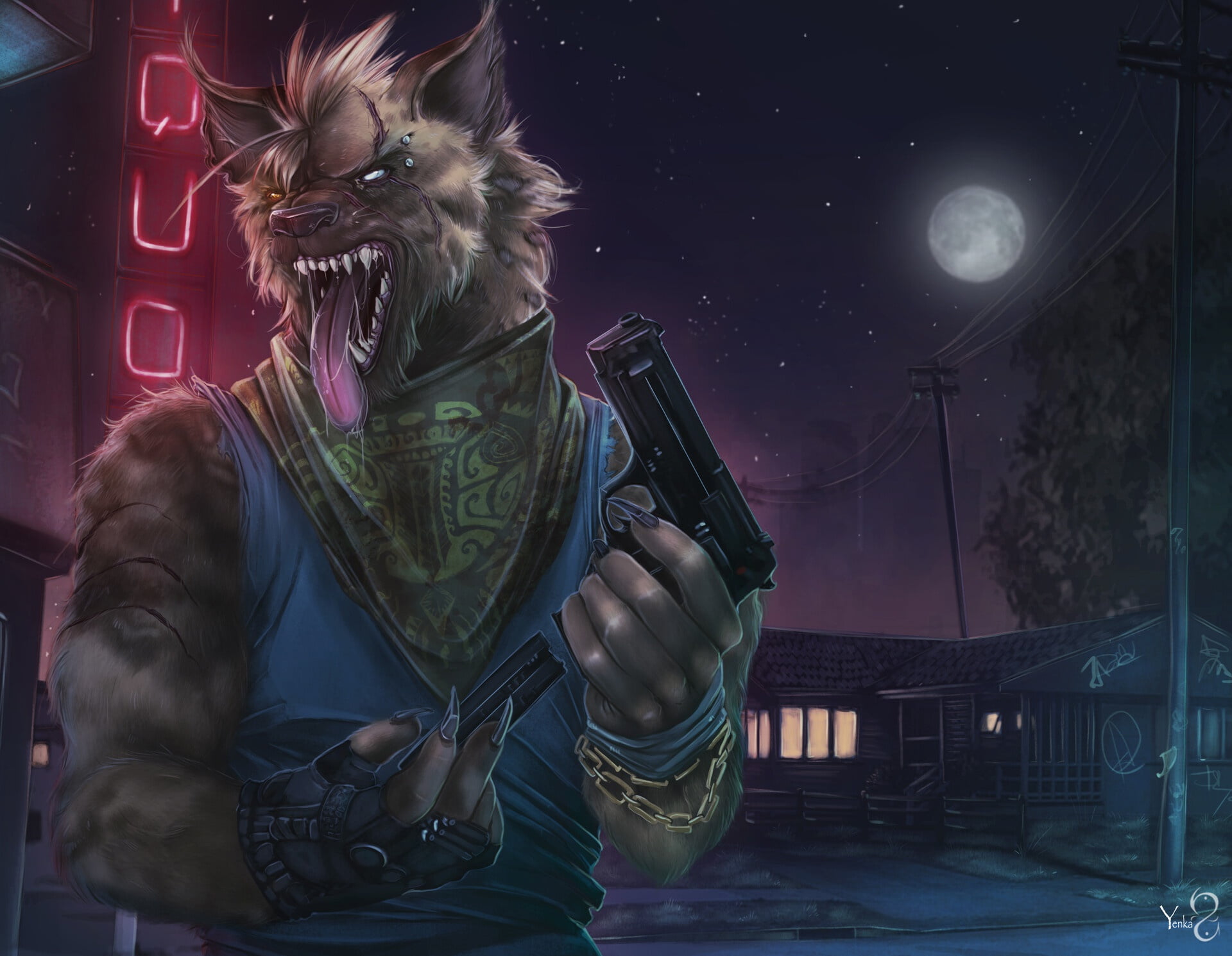 night, tongue out, creature, hyenas, gun, artwork, 1080P, Anthro, Moon, weapon, HD Wallpaper