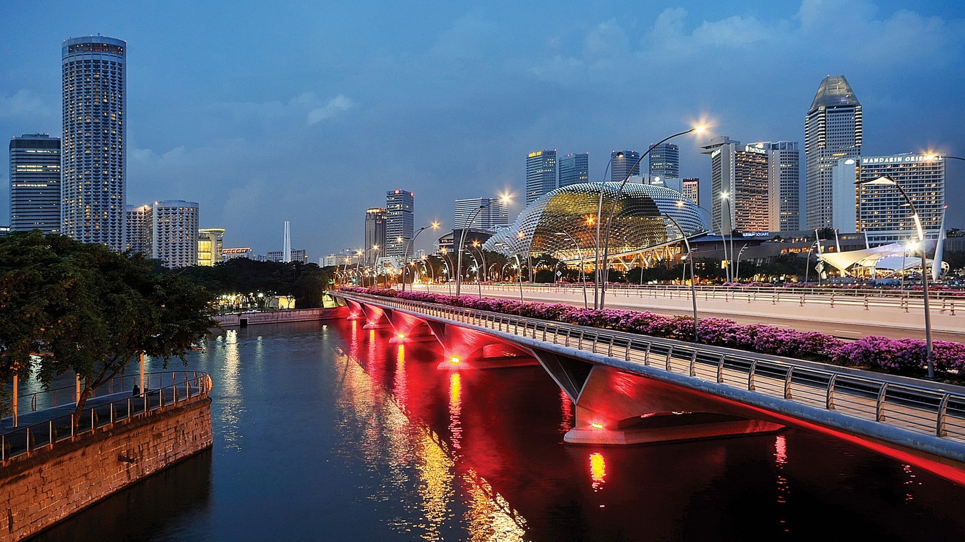 concrete, landscape, architecture, river, built structure, illuminated, water, building, transportation, 1080P, bridge, lighted, cityscape, night, reflection, HD Wallpaper