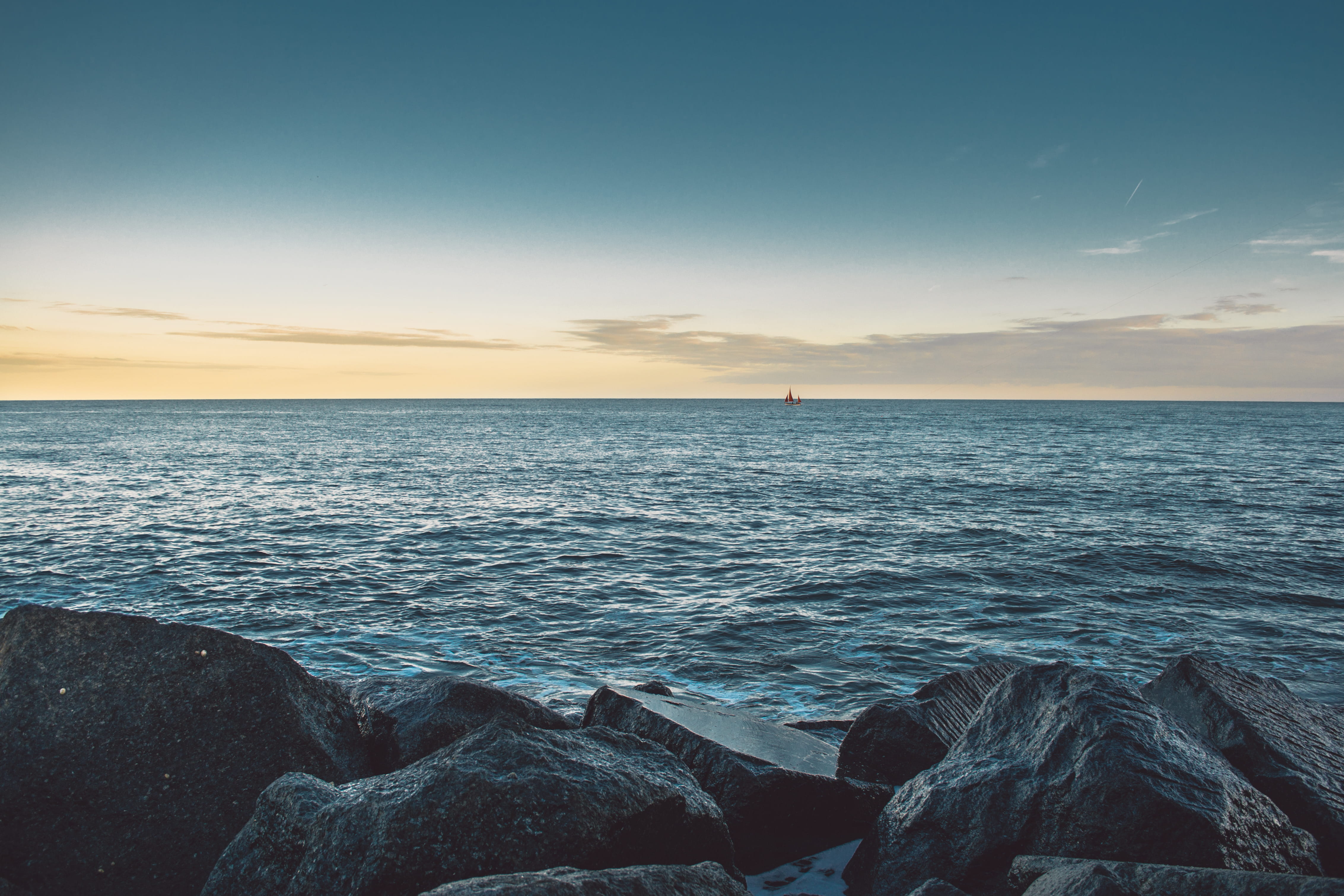 sea, solid, idyllic, rock, sky, outdoors, body, beauty In Nature, sunset, cloud - Sky, tranquility, landscape, Shore, scenics, 4K, nature, no People, boat, HD Wallpaper