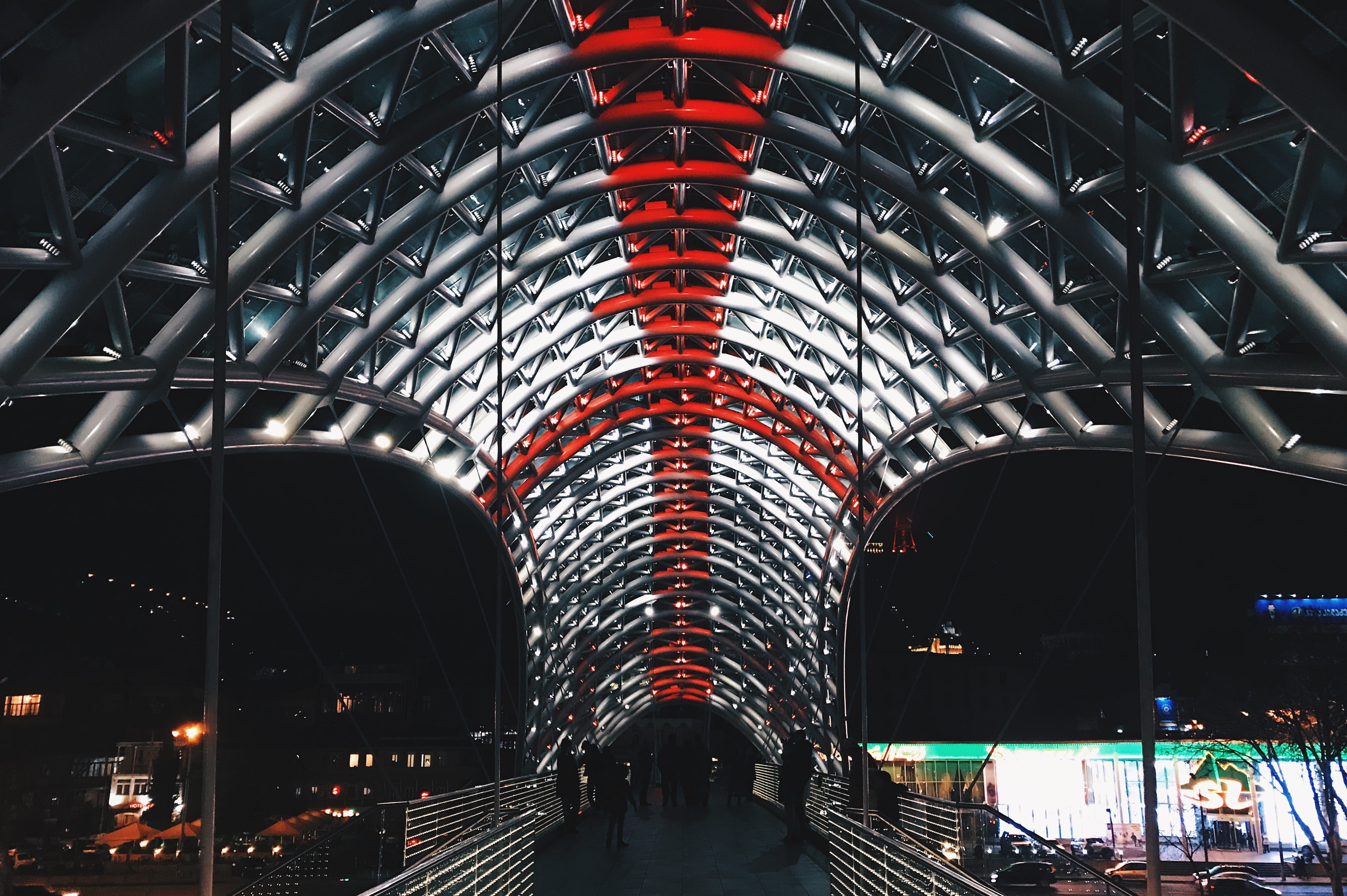 illuminated, real people, built structure, georgia, group of people, bridge, mode of transportation, indoors, city, architecture, modern, tbilisi, travel destinations, HD Wallpaper