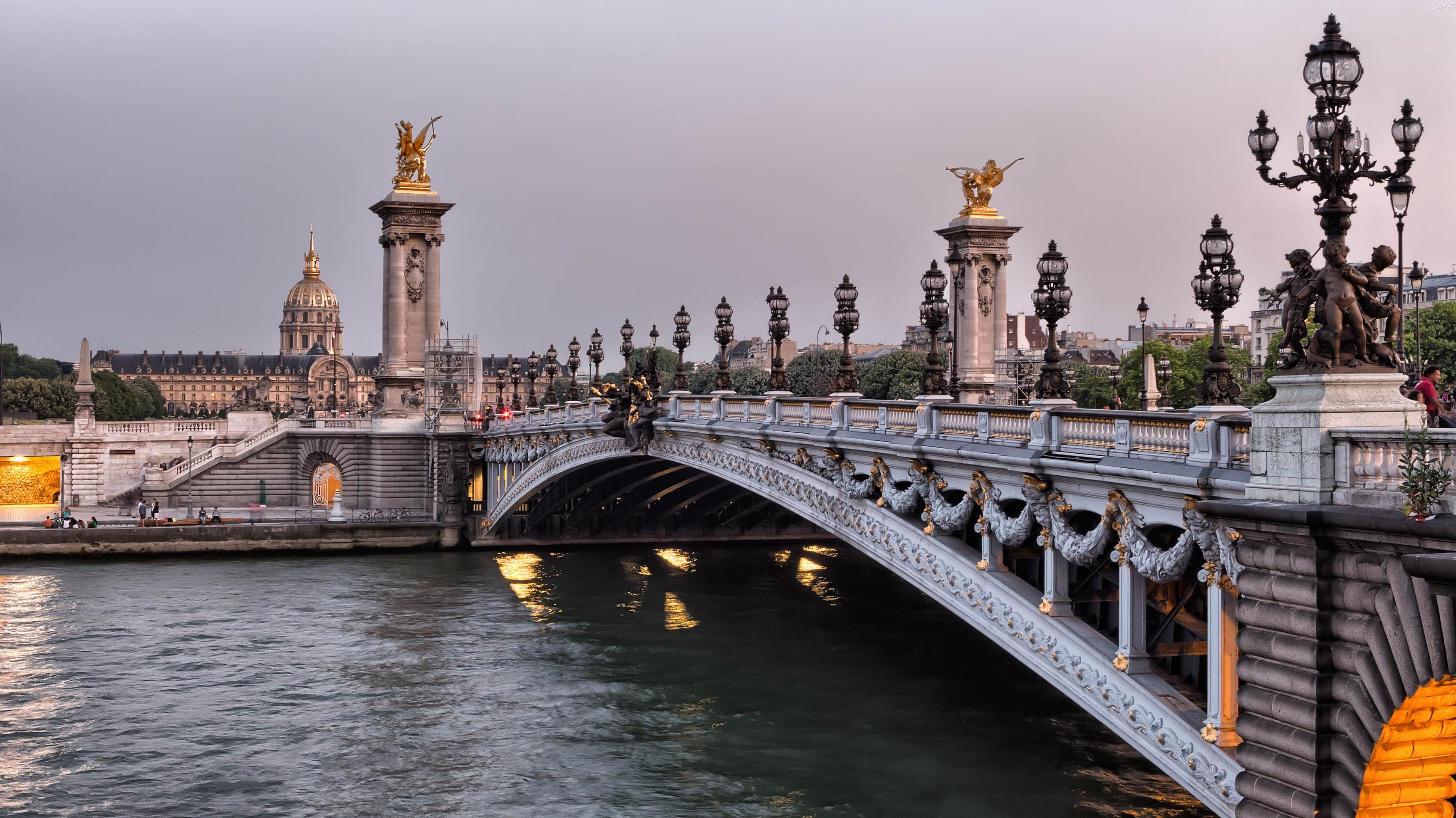 concrete, history, city, reflection, bridge - man made structure, pont alexander iii, evening, bridge, france, mode of transportation, tourism, europe, HD Wallpaper