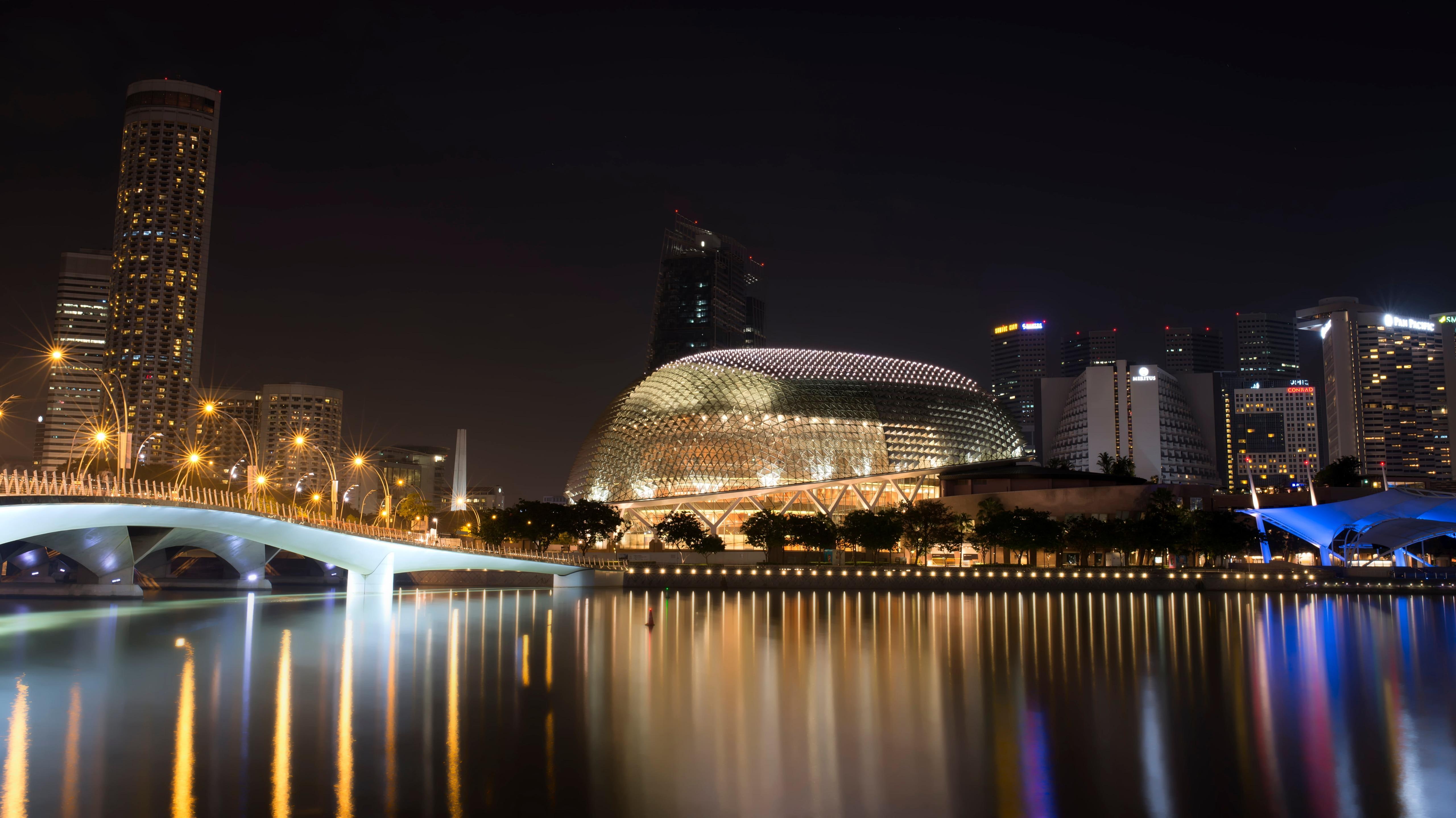 esplanade theatres, downtown, tourist attraction, bridge, long-exposure photography, river, night, architecture, esplanade, city, metropolitan, theater, HD Wallpaper