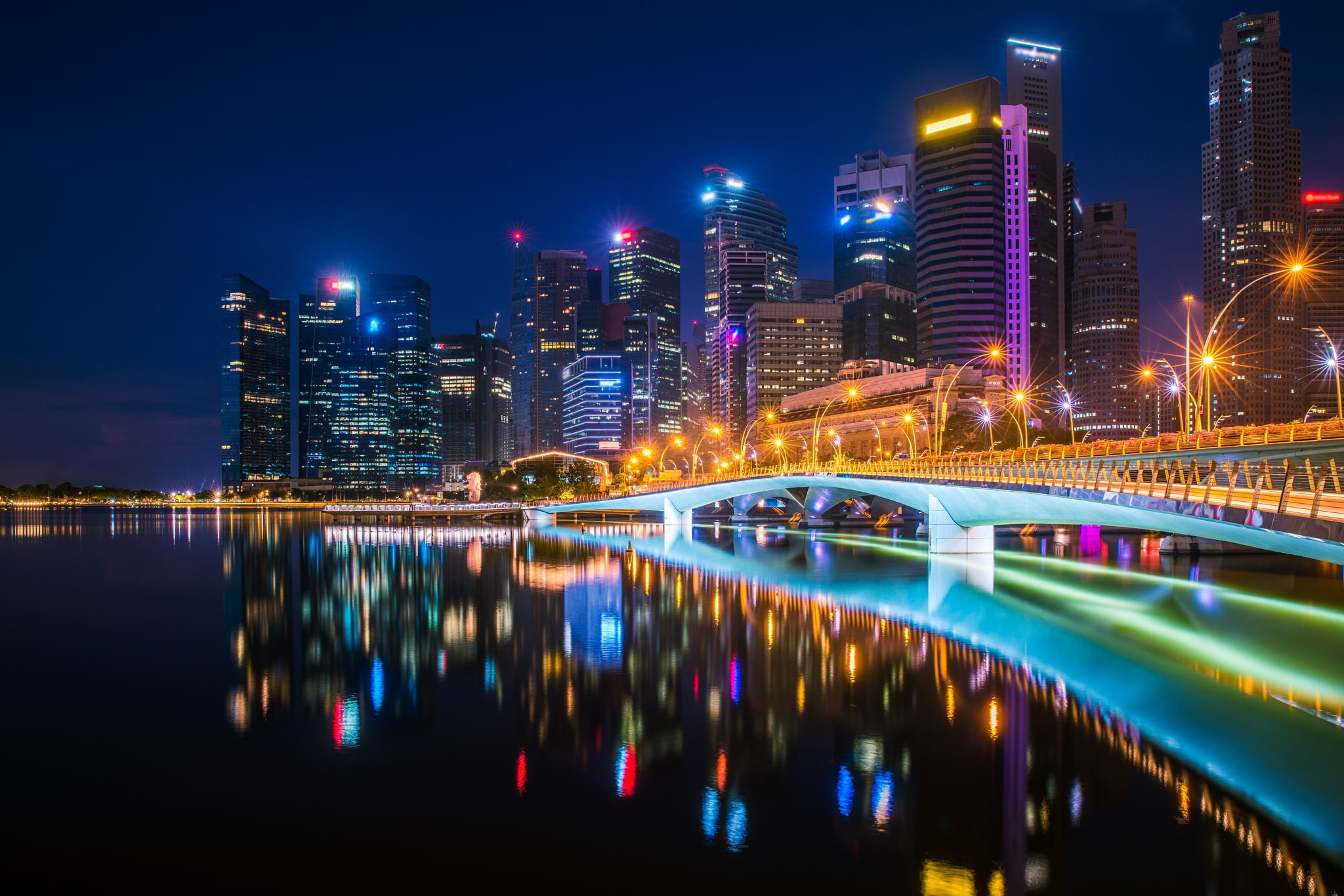 Bridge, Skyscraper, Night, Building, Reflection, 1080P, Esplanade bridge, Singapore, Cities, City, HD Wallpaper