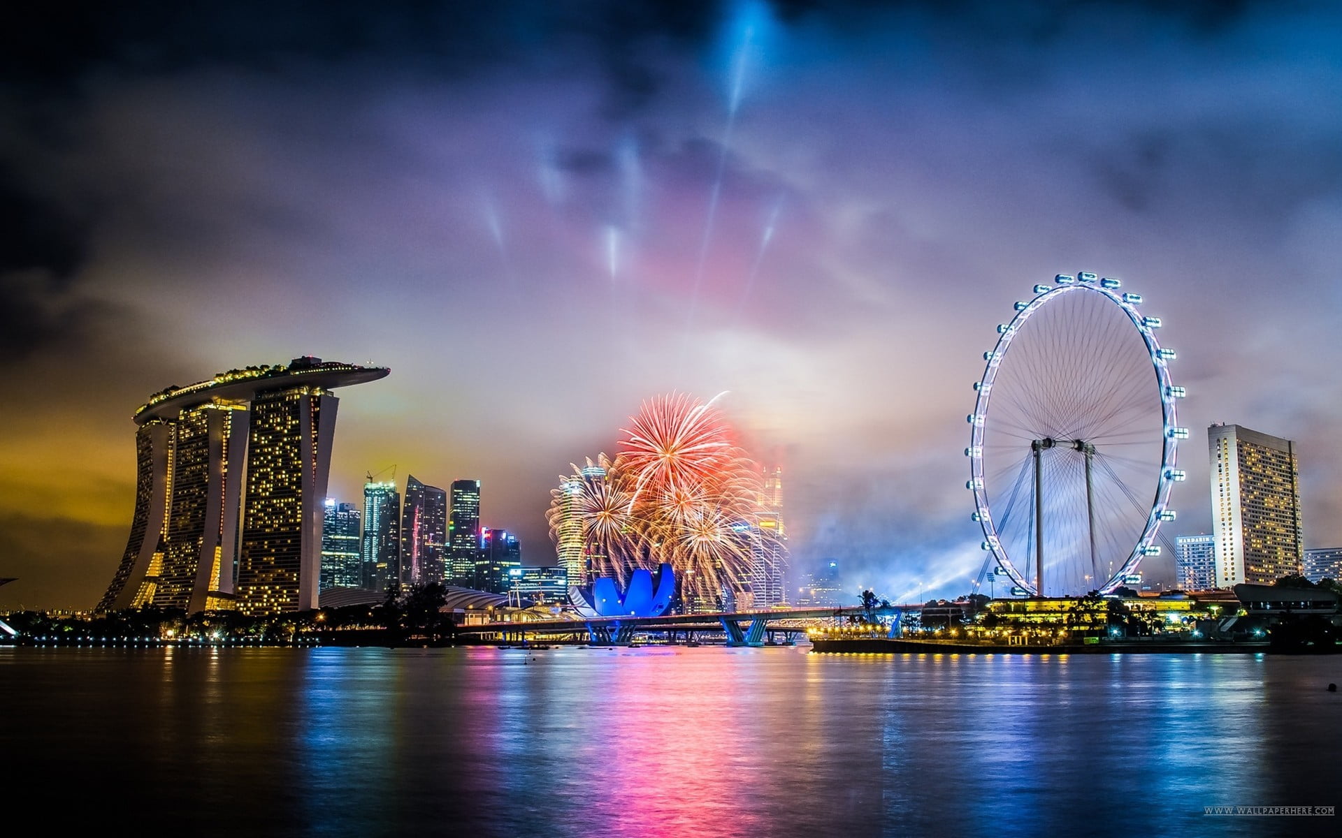 building exterior, nightlife, no people, office building exterior, nighttime, river, architecture, cityscape, illuminated, built structure, amusement park, HD Wallpaper