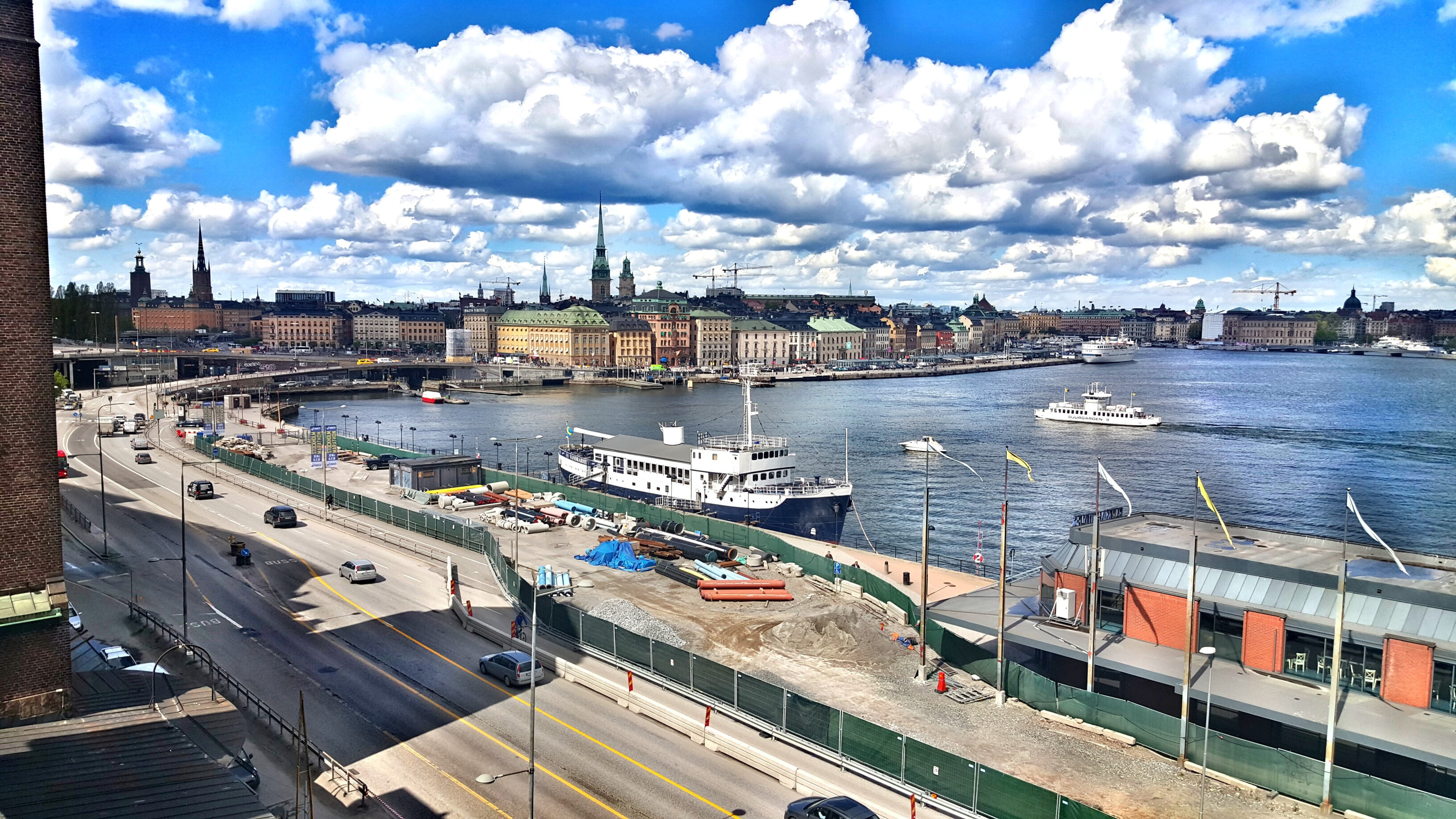 still, sailboat, blue, cloud, nature, cloud - sky, 2K, passenger craft, castle, town, cruise ship, transportation, road, cityscape, the old town, slussen, HD Wallpaper