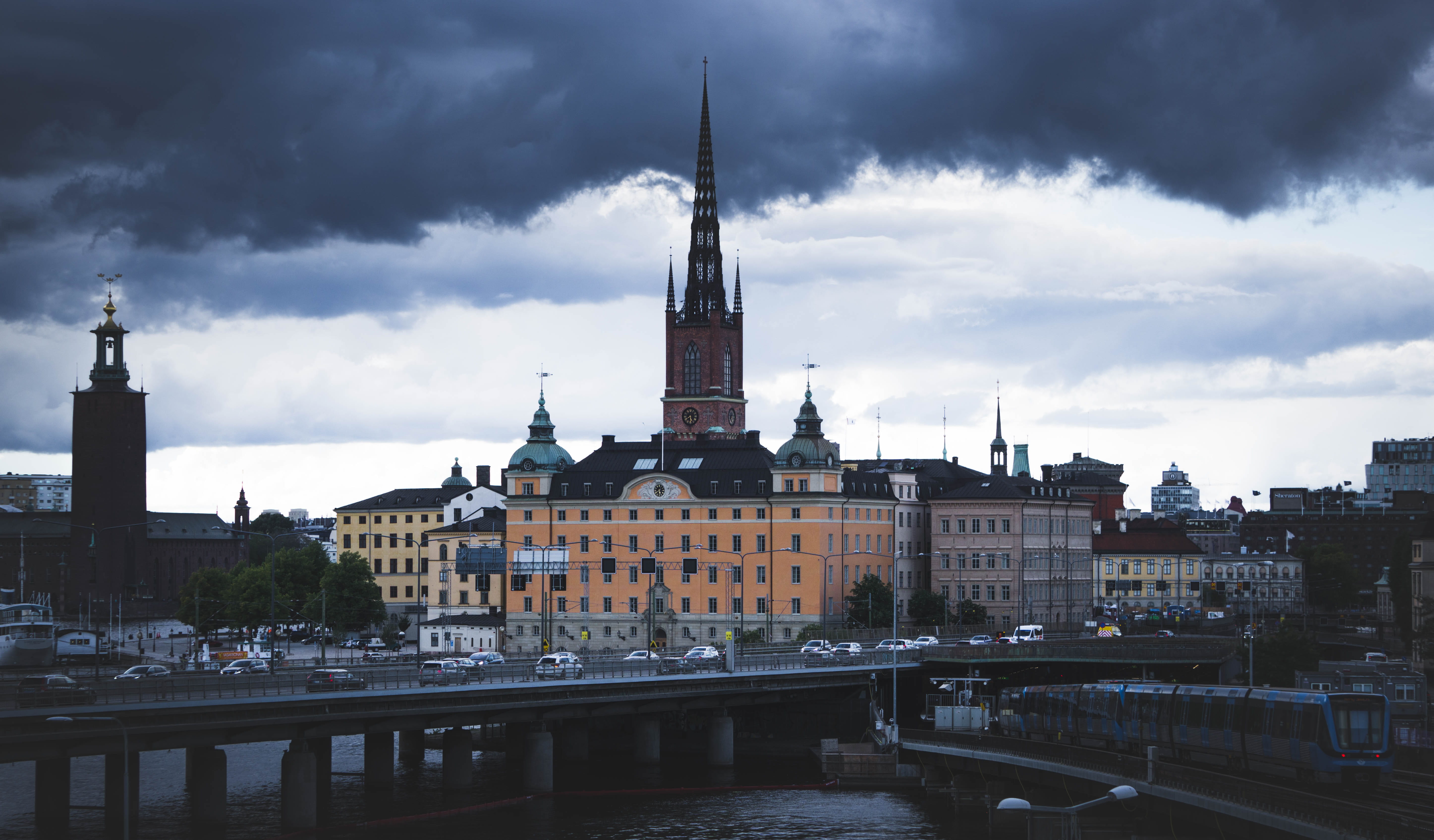 water, city, architecture, bridge - man made structure, stockholm, spirituality, cloud, 5K, travel destinations, cityscape, spire, nature, sweden, travel, HD Wallpaper