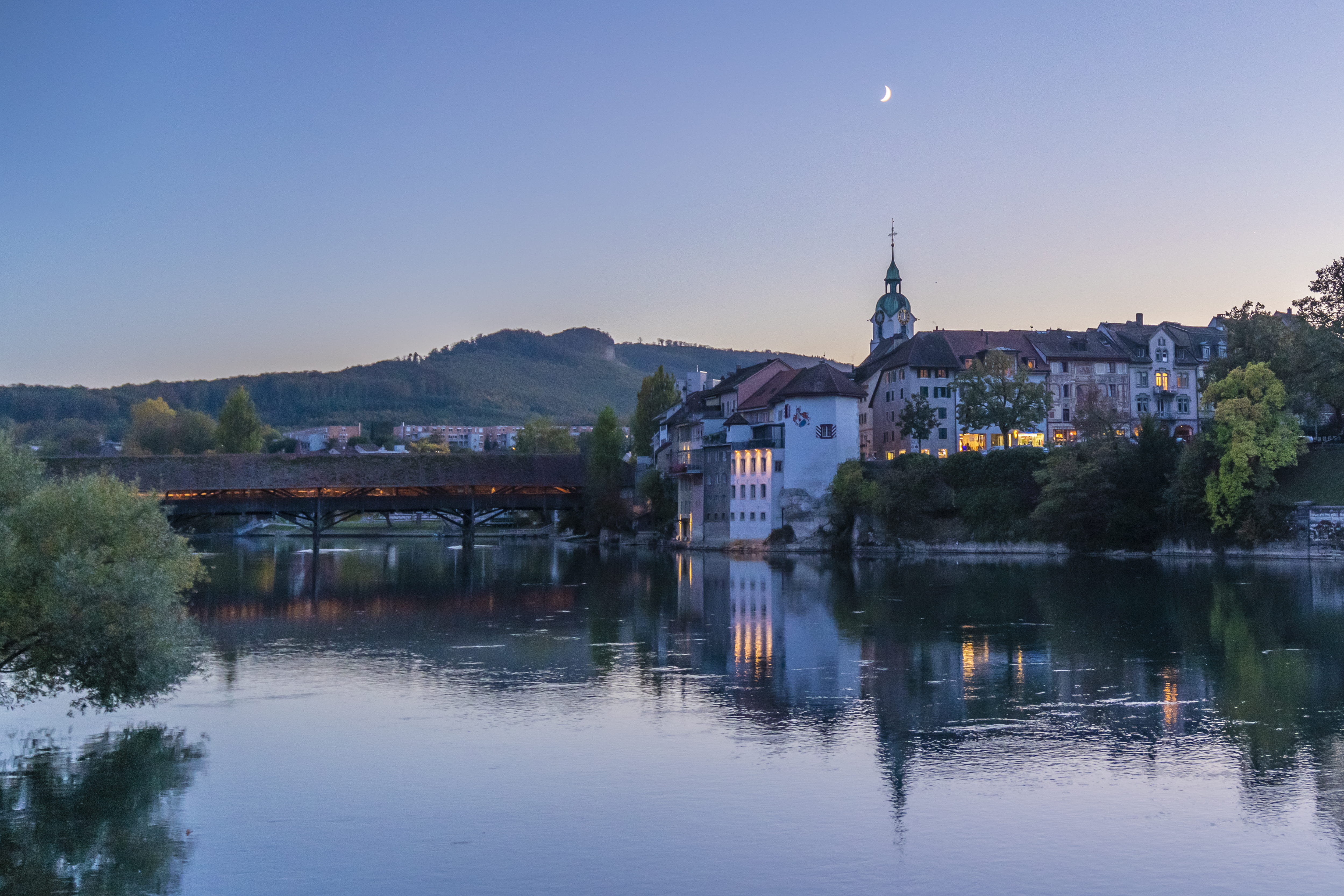 no people, bridge, sky, reflection, lake, evening, nature, moon, belief, building exterior, autumn, clear sky, dusk, place of worship, switzerland, olten, HD Wallpaper