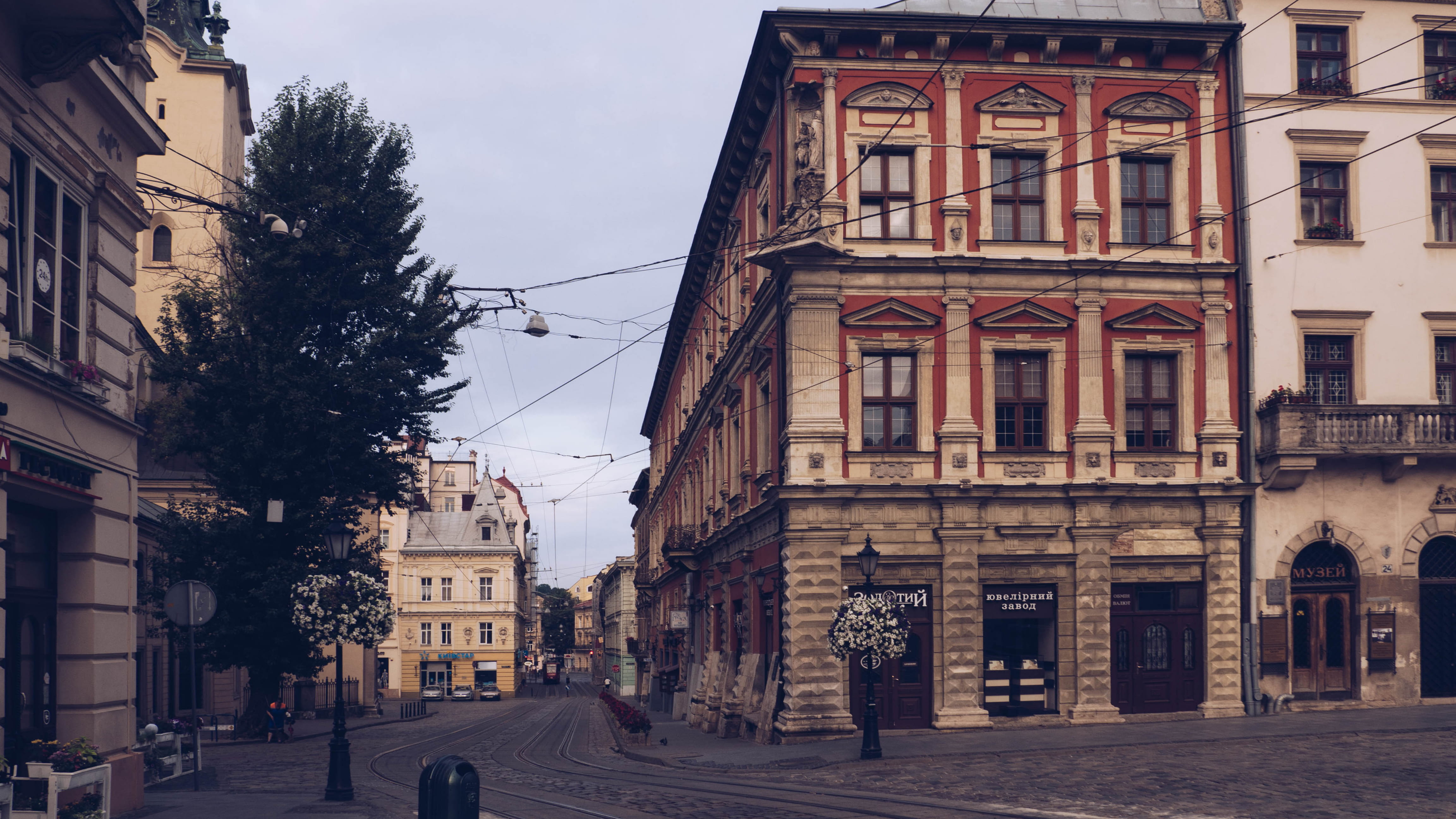 building, ukraine, urban, outdoors, incidental people, sky, transportation, mode of transportation, street, day, lviv, tree, oldtown, road, 4K, morning, HD Wallpaper