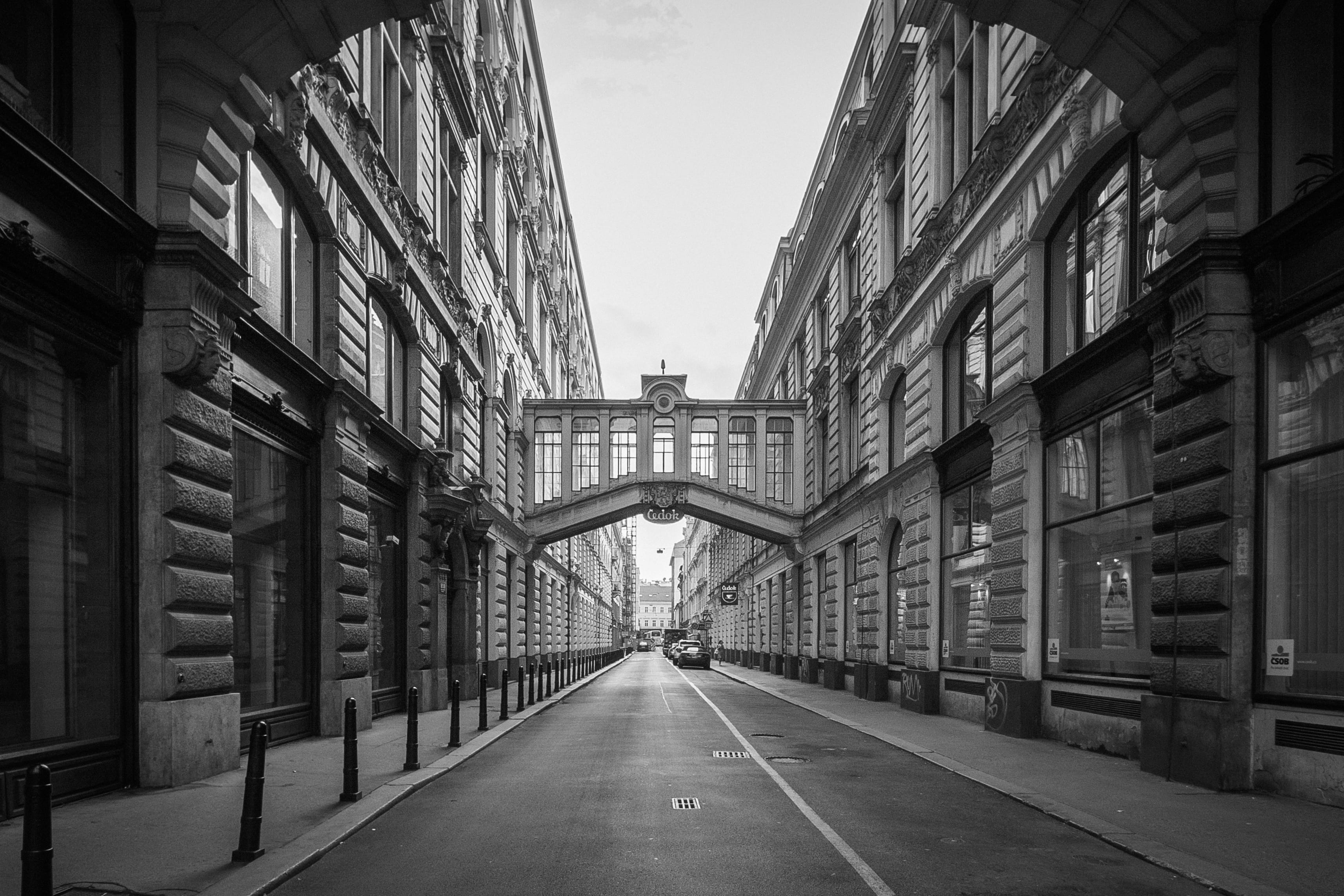 prague, building exterior, day, sign, transportation, street, symbol, blackandwhite, 2K, vanishing point, oldtown, sky, architecture, diminishing perspective, HD Wallpaper