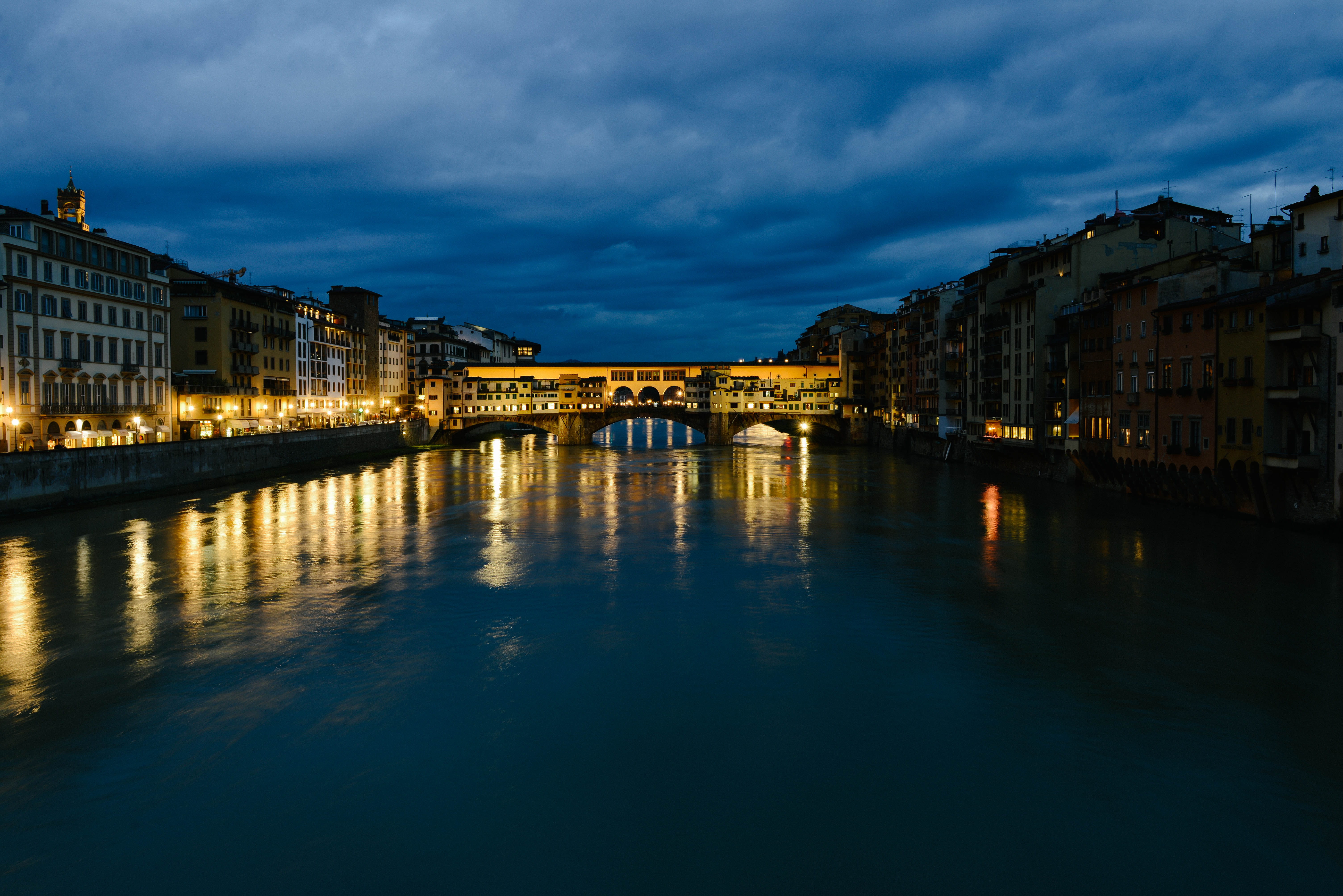 river, florence, italy, water, built structure, 5K, bridge - man made structure, no people, nature, night, building exterior, outdoors, connection, city, HD Wallpaper