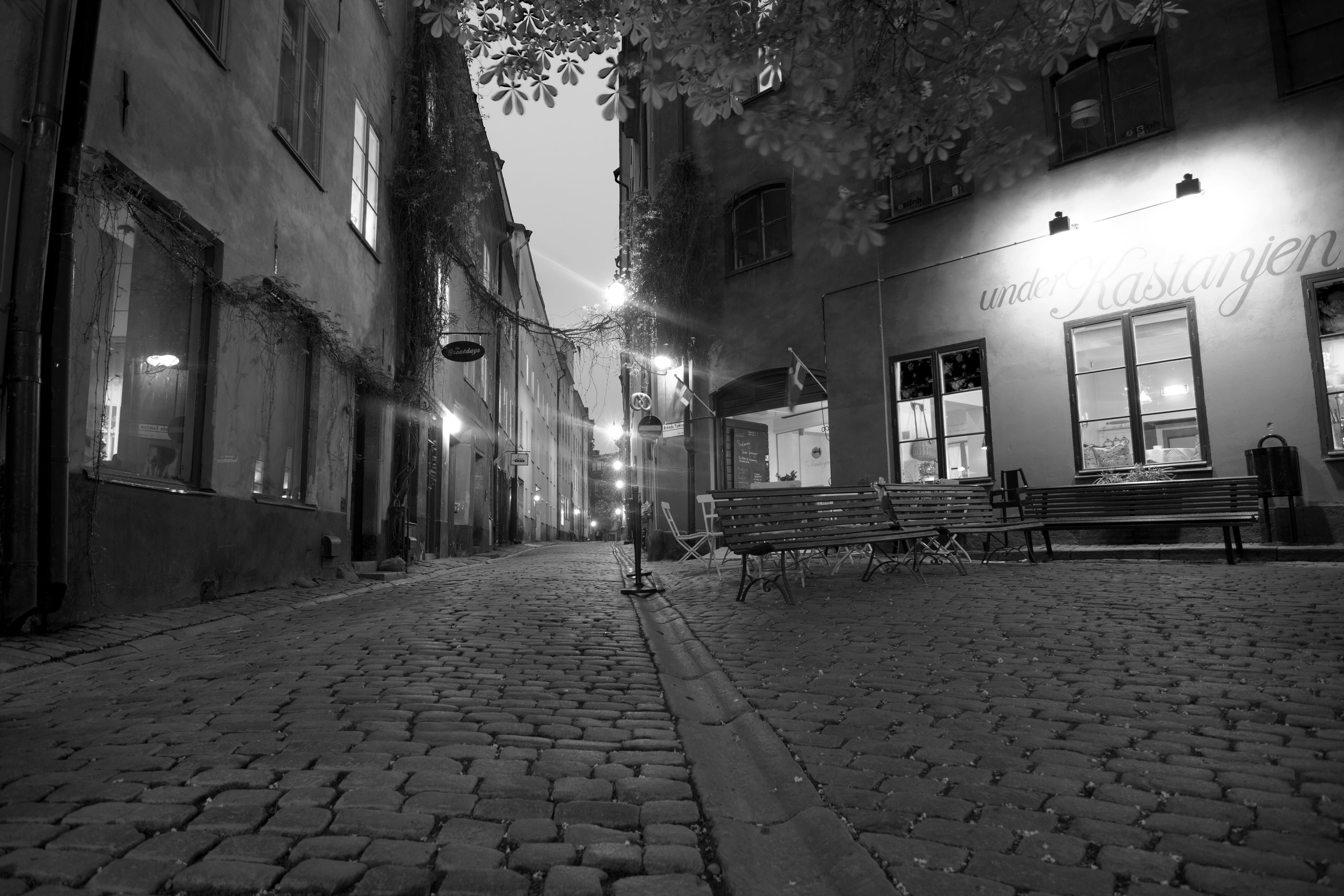 walking, lifestyles, night, bricks, walkway, sweden, outdoors, sverige, footpath, alley, flagstone, building exterior, architecture, people, illuminated, HD Wallpaper