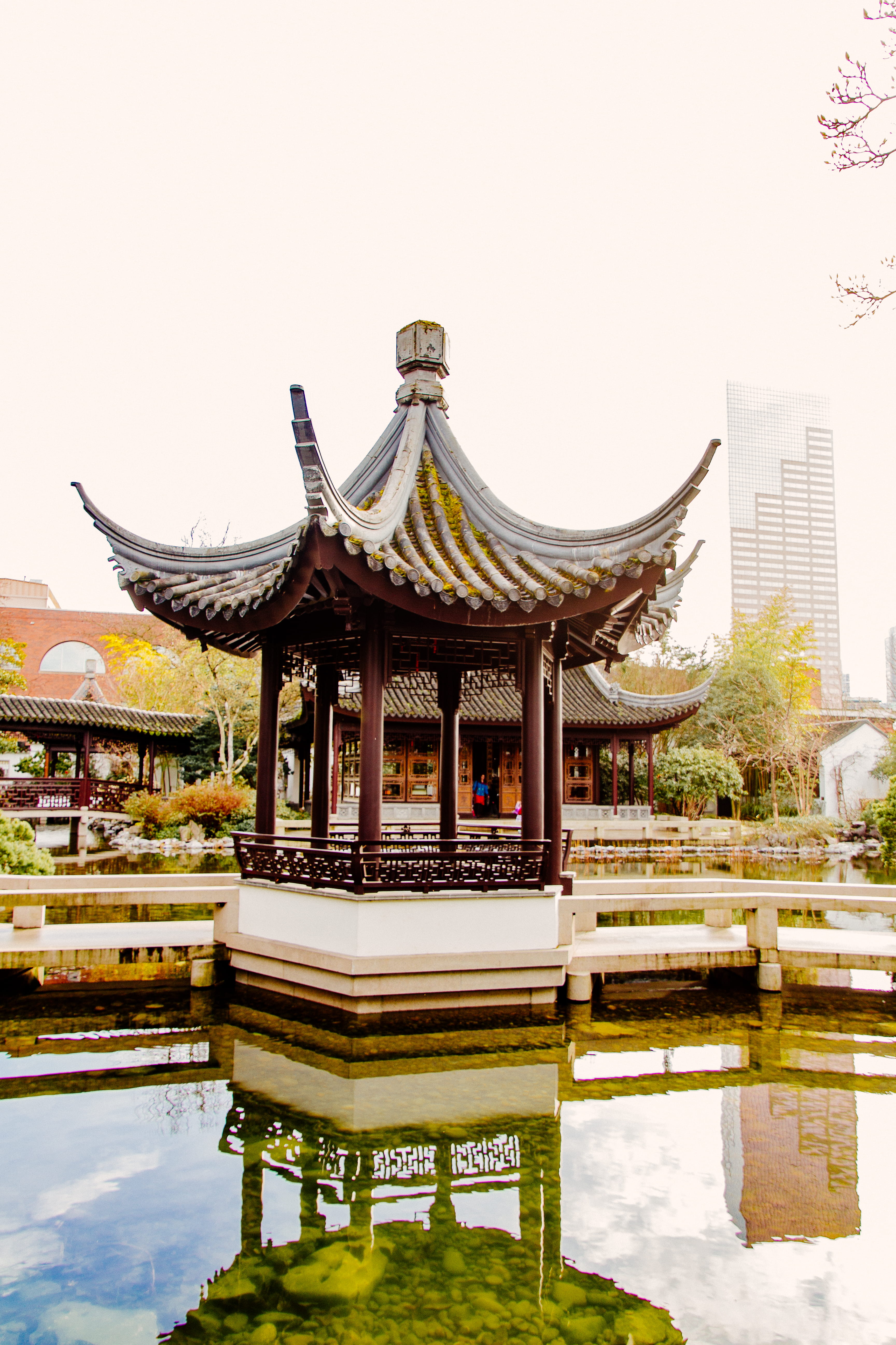 sky, outdoors, pond, white, pagoda, downtown, waterfront, 5K, lan su, portland, building, lake, built structure, religion, nature, chinatown, water, united states, Phone HD Wallpaper