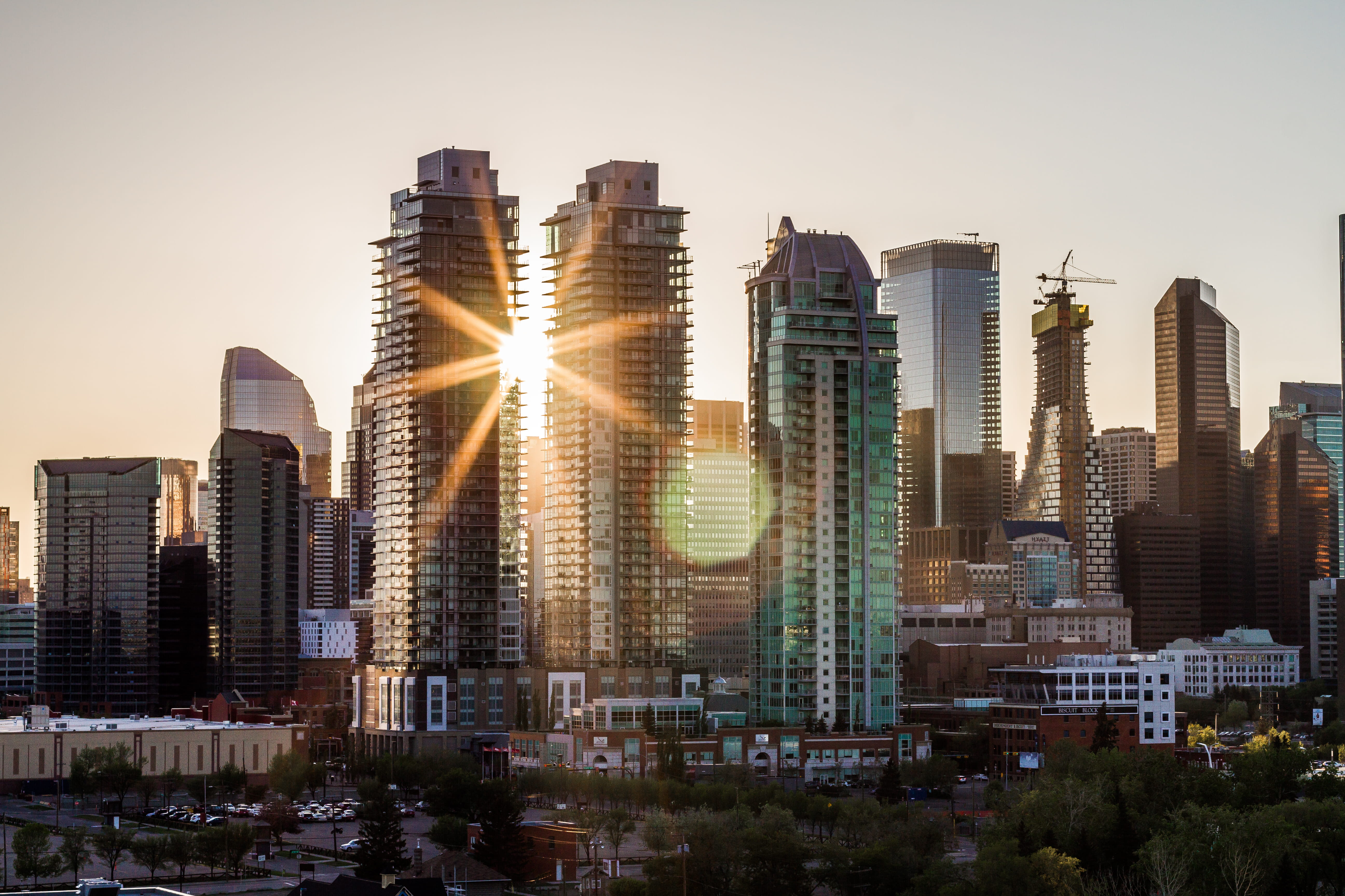 building exterior, city, building, canada, buildings, sunset, financial district, light, 5K, crane, office building exterior, tall - high, sunlight, architecture, HD Wallpaper