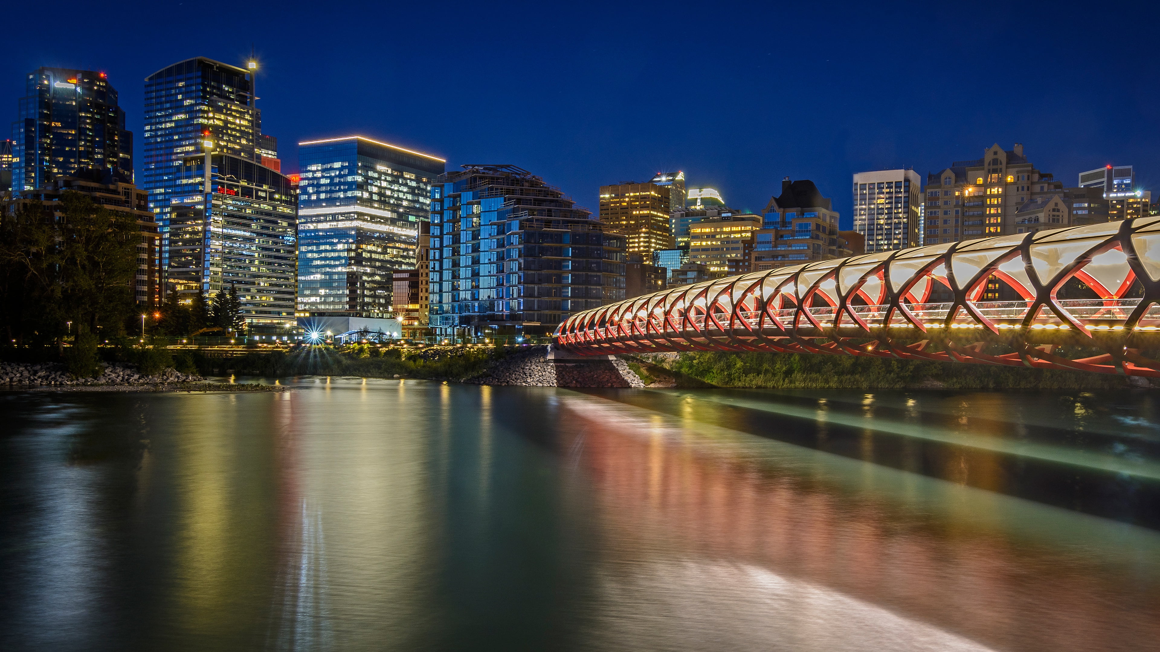 4K, Albert, Calgary, the city, bridge, Canada, river, building, lights, architecture, night, HD Wallpaper