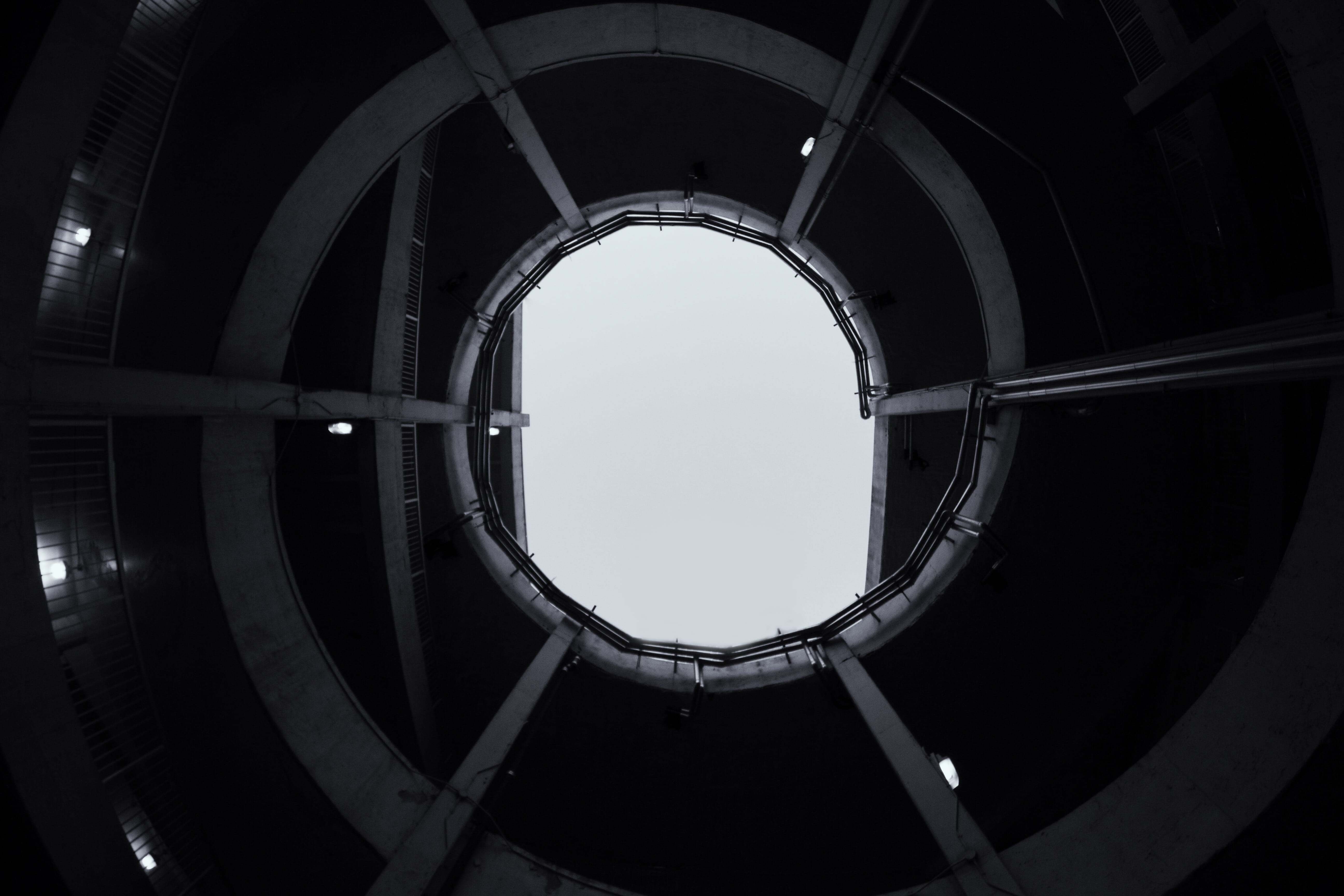 spiral, staircase, day, town, indoors, skylight, city, low angle view, spiral staircase, nature, window, no people, directly below, porthole, clear sky, HD Wallpaper