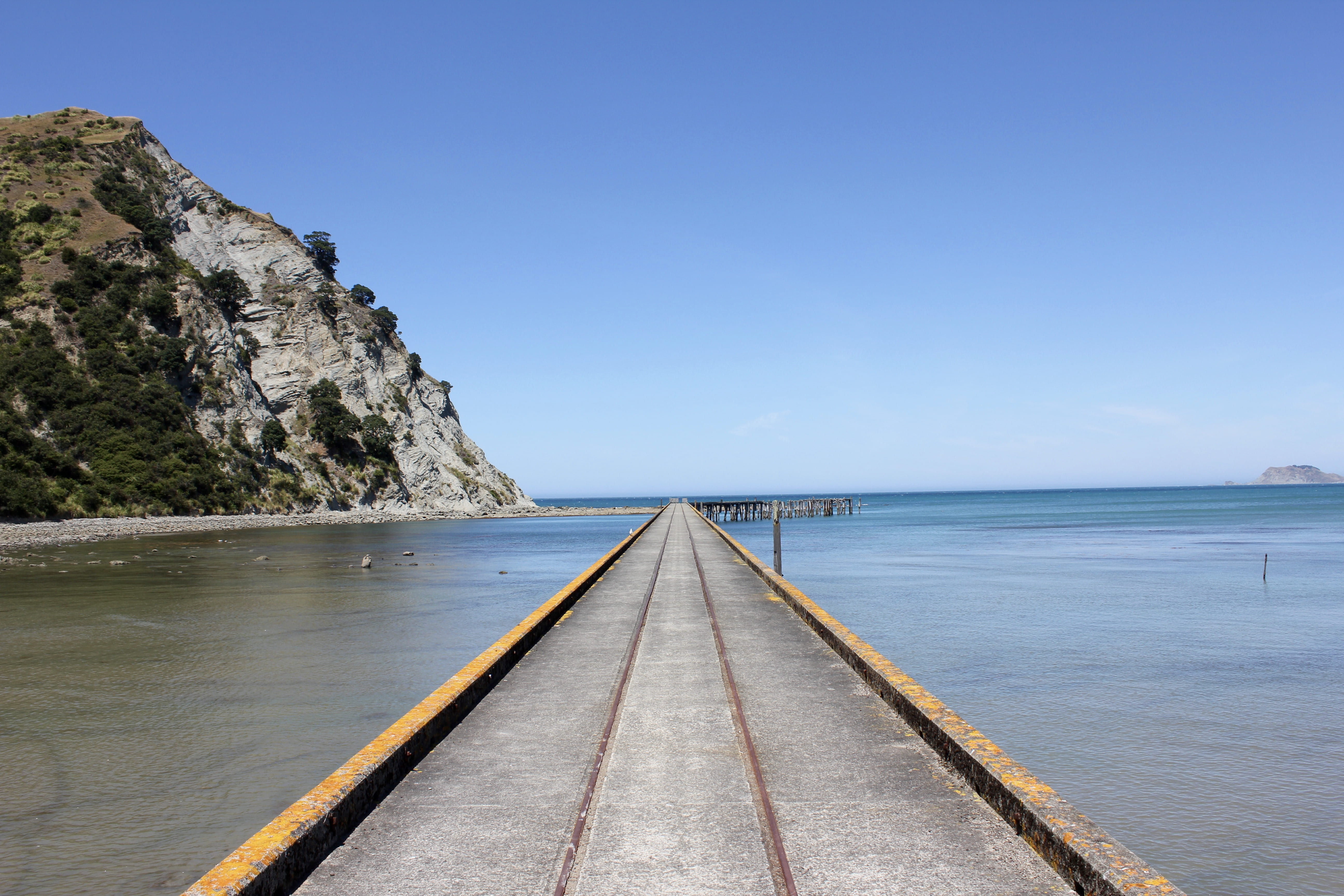 road, beauty in nature, transportation, no people, nature, perspective, water, sea, concrete, cliff, vanishing point, daytime, jetty, dock, 5K, grey, sky, HD Wallpaper