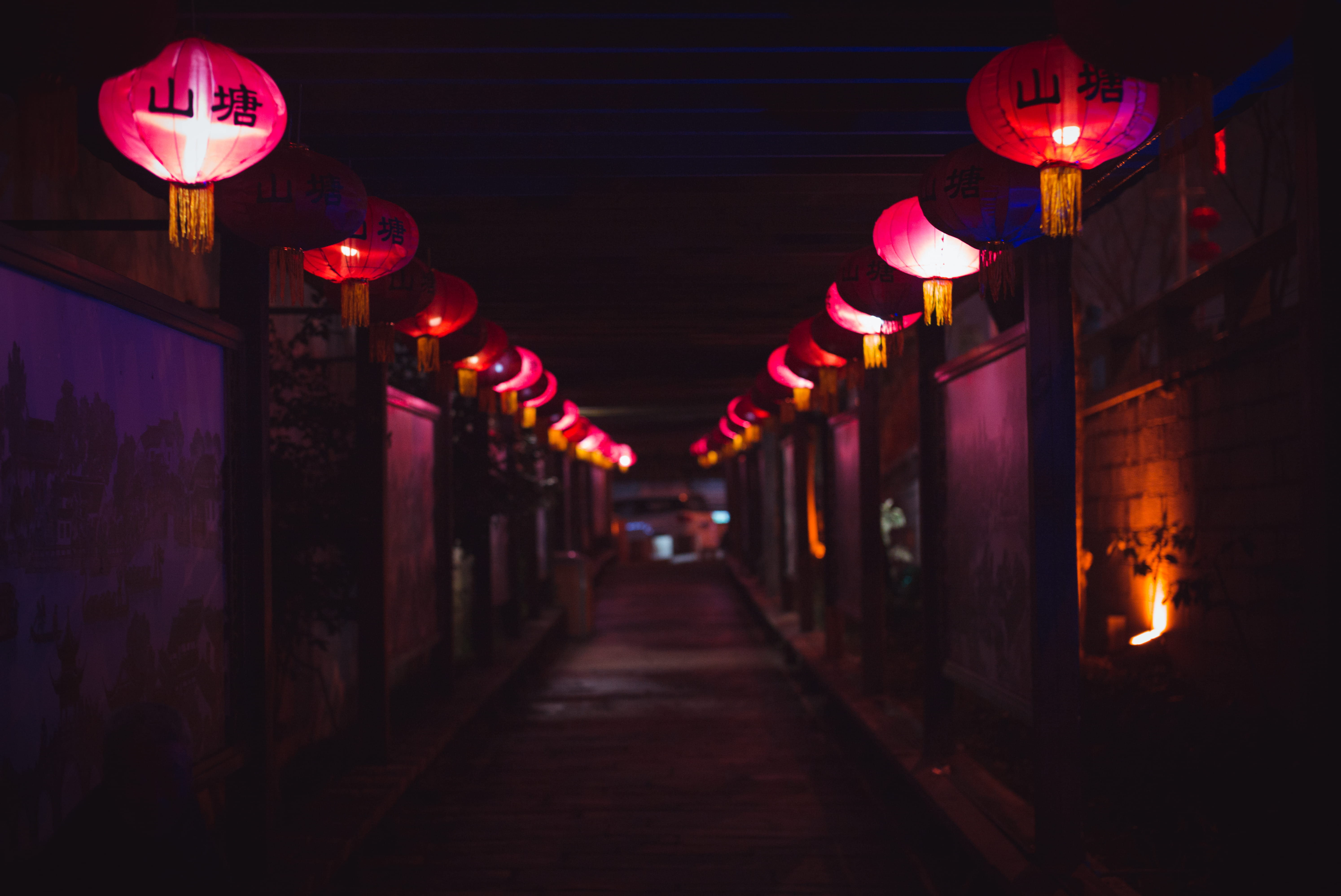 light, building exterior, festival, illuminated, no people, direction, building, in a row, lantern, street, lighted, 5K, night, lighting equipment, the way forward, HD Wallpaper