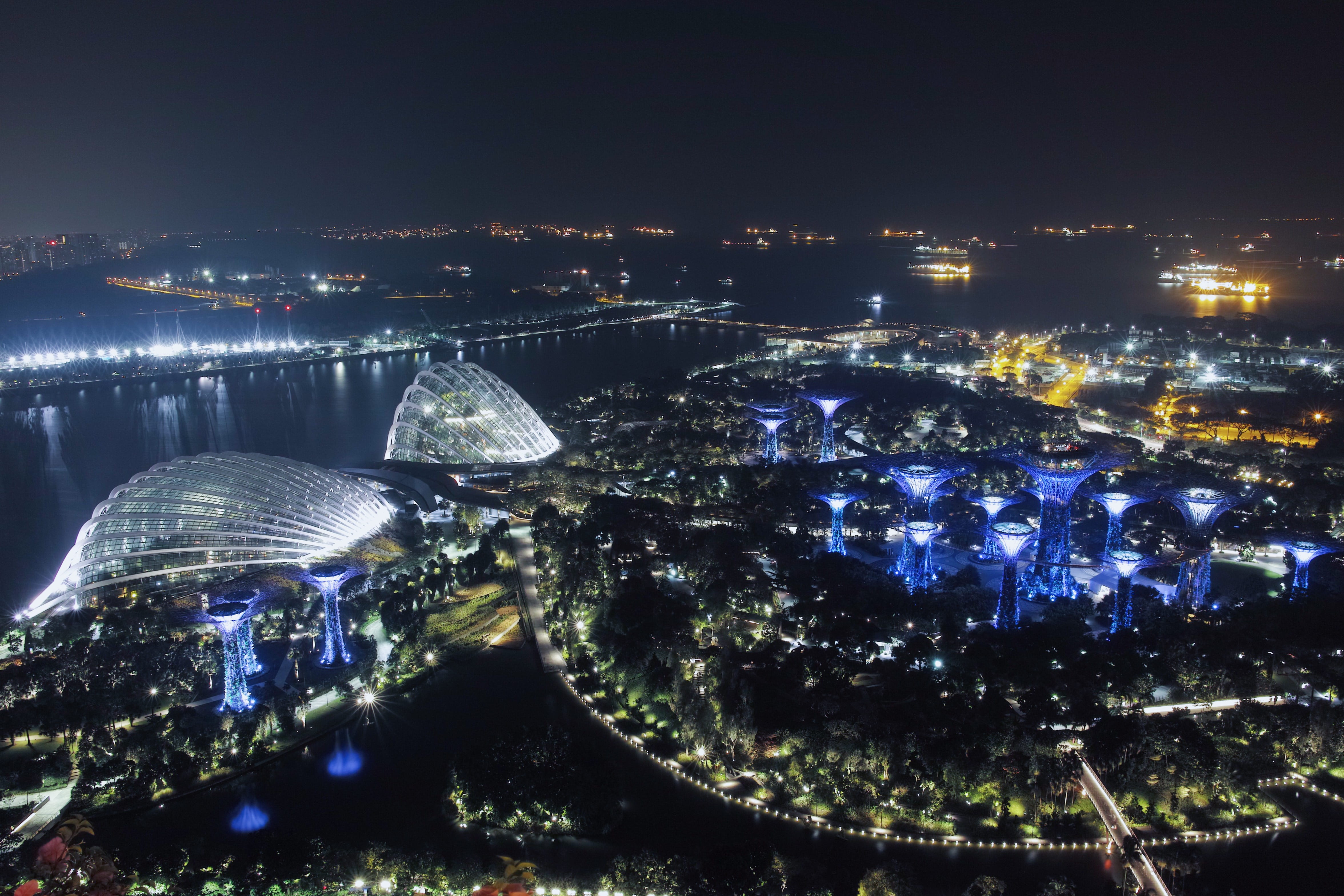 nature, city, modern, travel destinations, cityscape, architecture, illuminated, singapore, office building exterior, night, aerial view, 4K, outdoors, HD Wallpaper